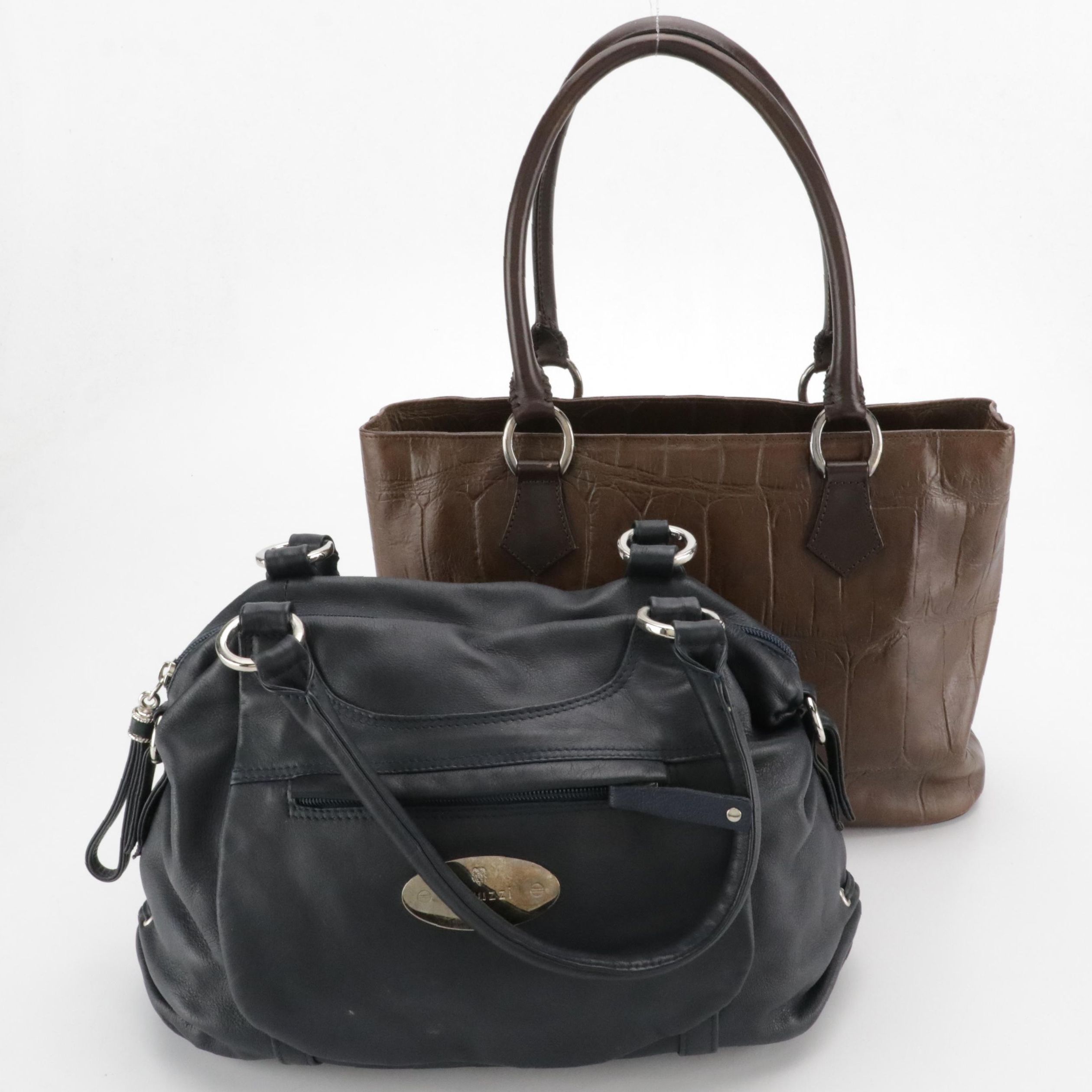 Falor Embossed Brown Leather Tote Bag, Peruzzi Navy Calfskin Shoulder Satchel