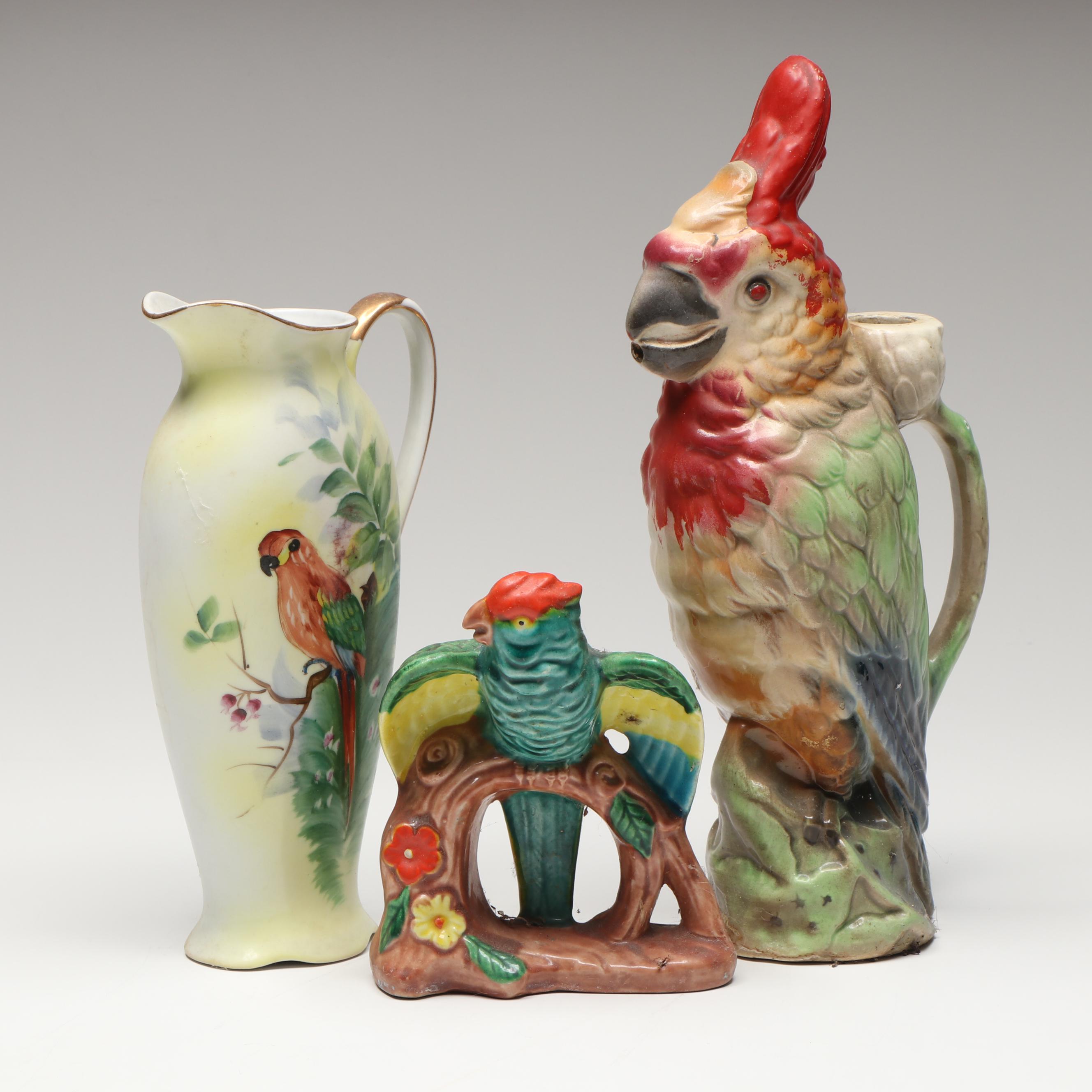 French Tropical Bird Porcelain Candlestick with Other Tropical Bird Vases