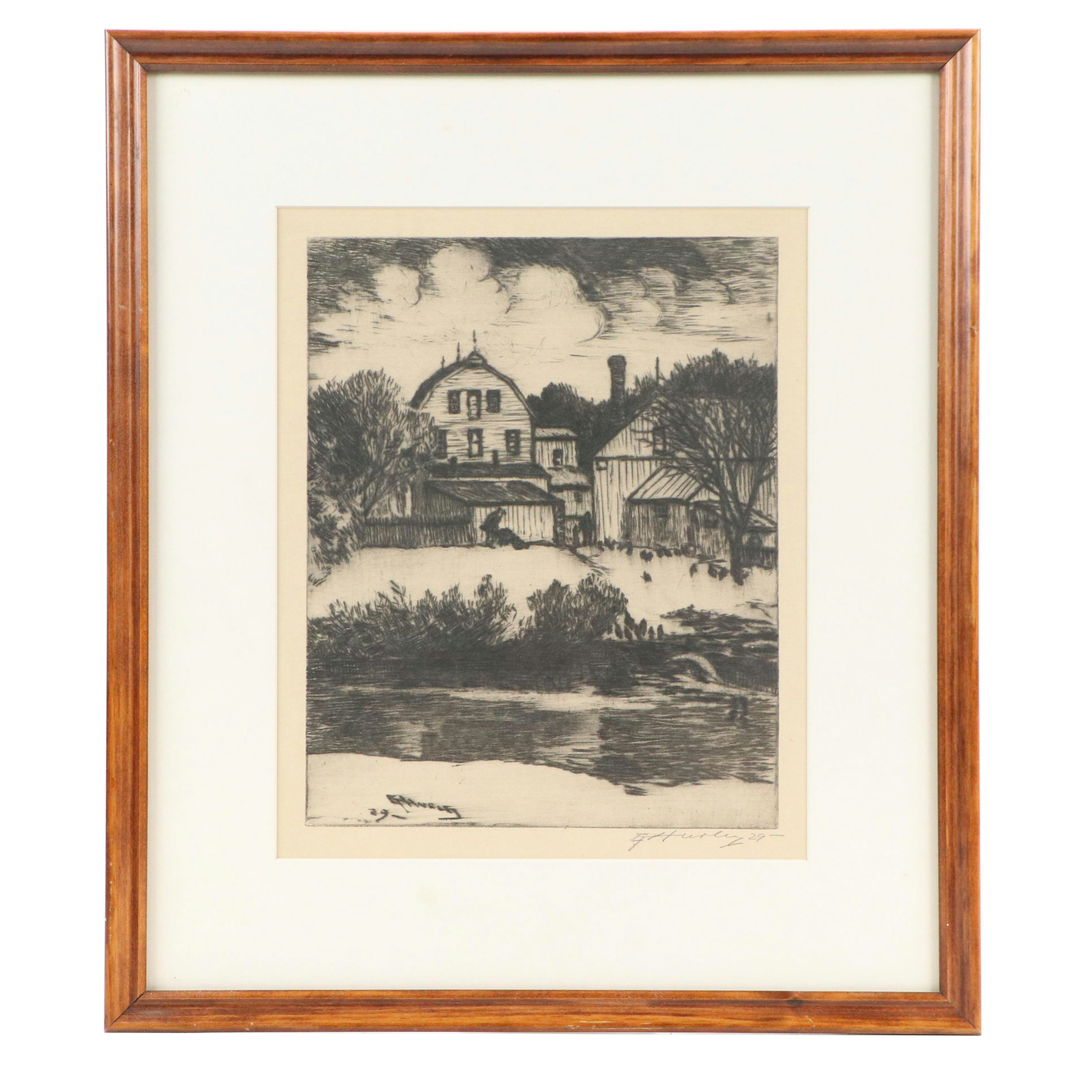 Edward Timothy Hurley Etching of Pondside Farm, 1929