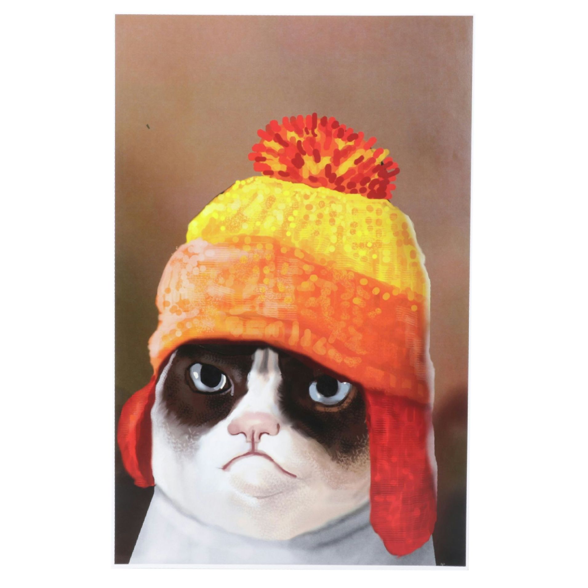 Digital Portrait Painting of Grumpy Cat Wearing a Winter Hat, Early 21st Century