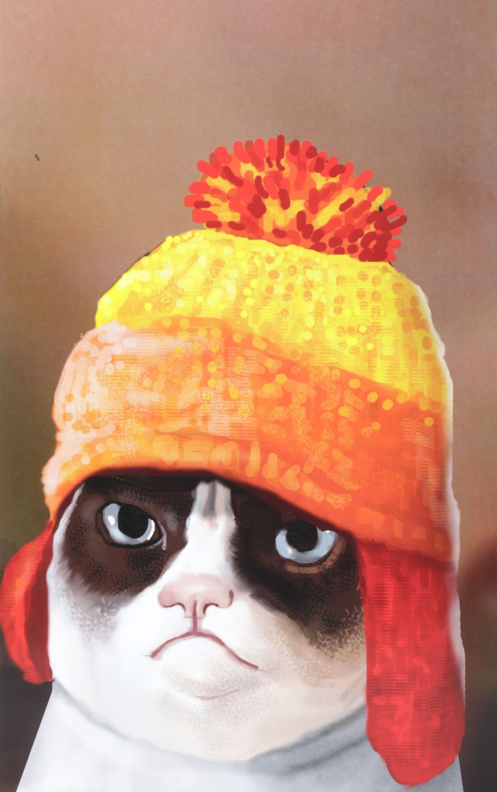 Digital Portrait Painting of Grumpy Cat Wearing a Winter Hat, Early 21st Century