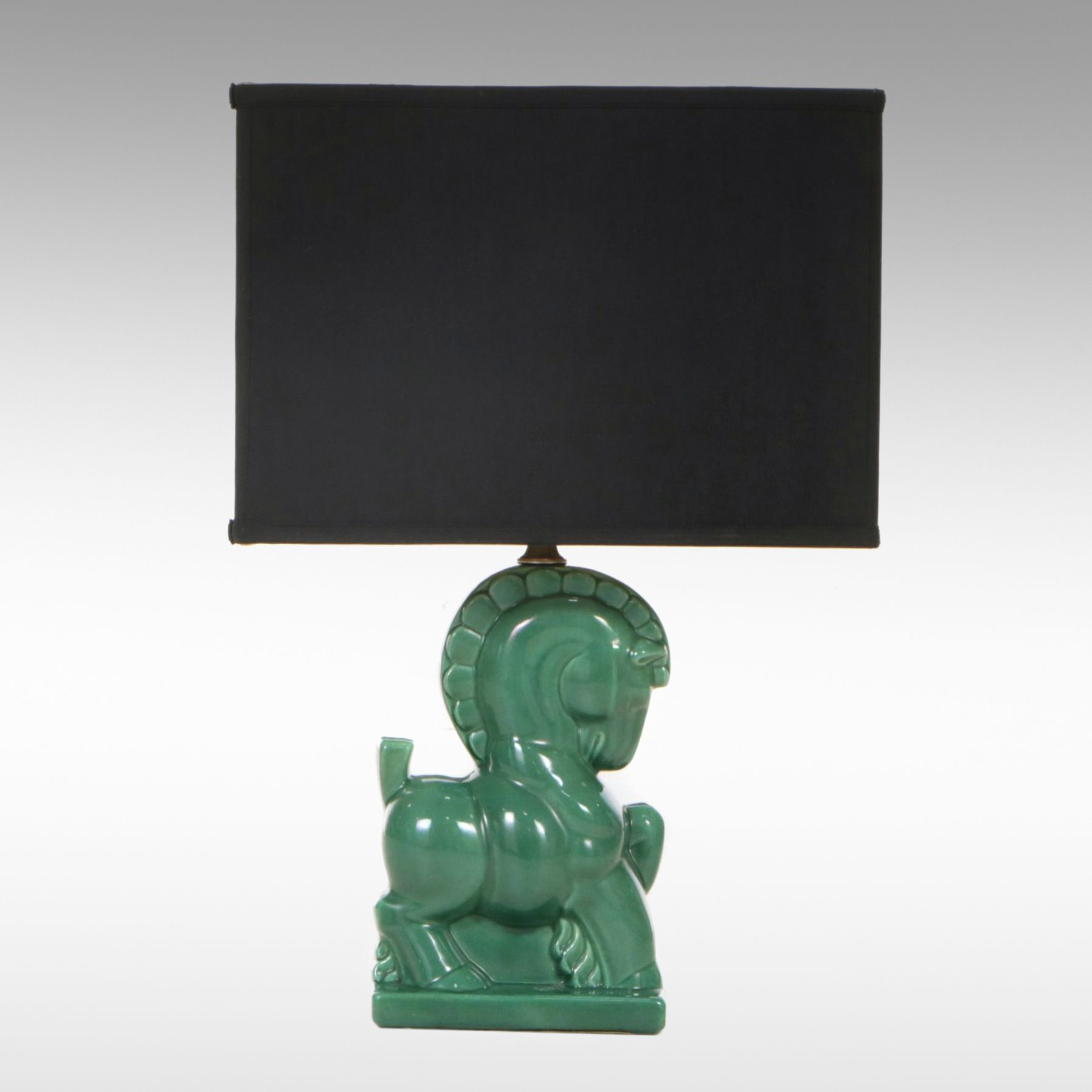 Mid Century Modern Trojan Horse Table Lamp with Black Silk Shade