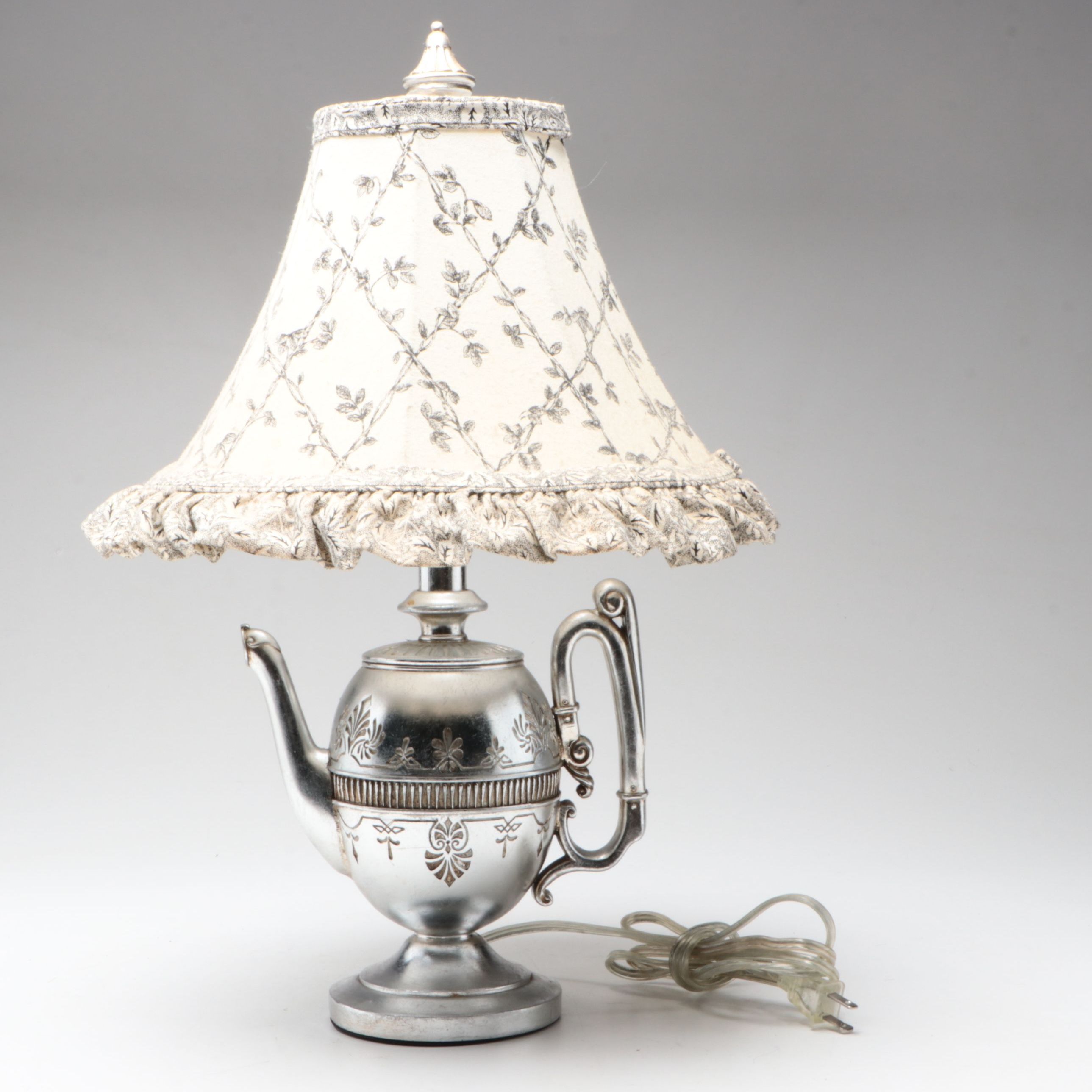 Chrome Finish Teapot Plaster Table Lamp with Ruffled Fabric Shade