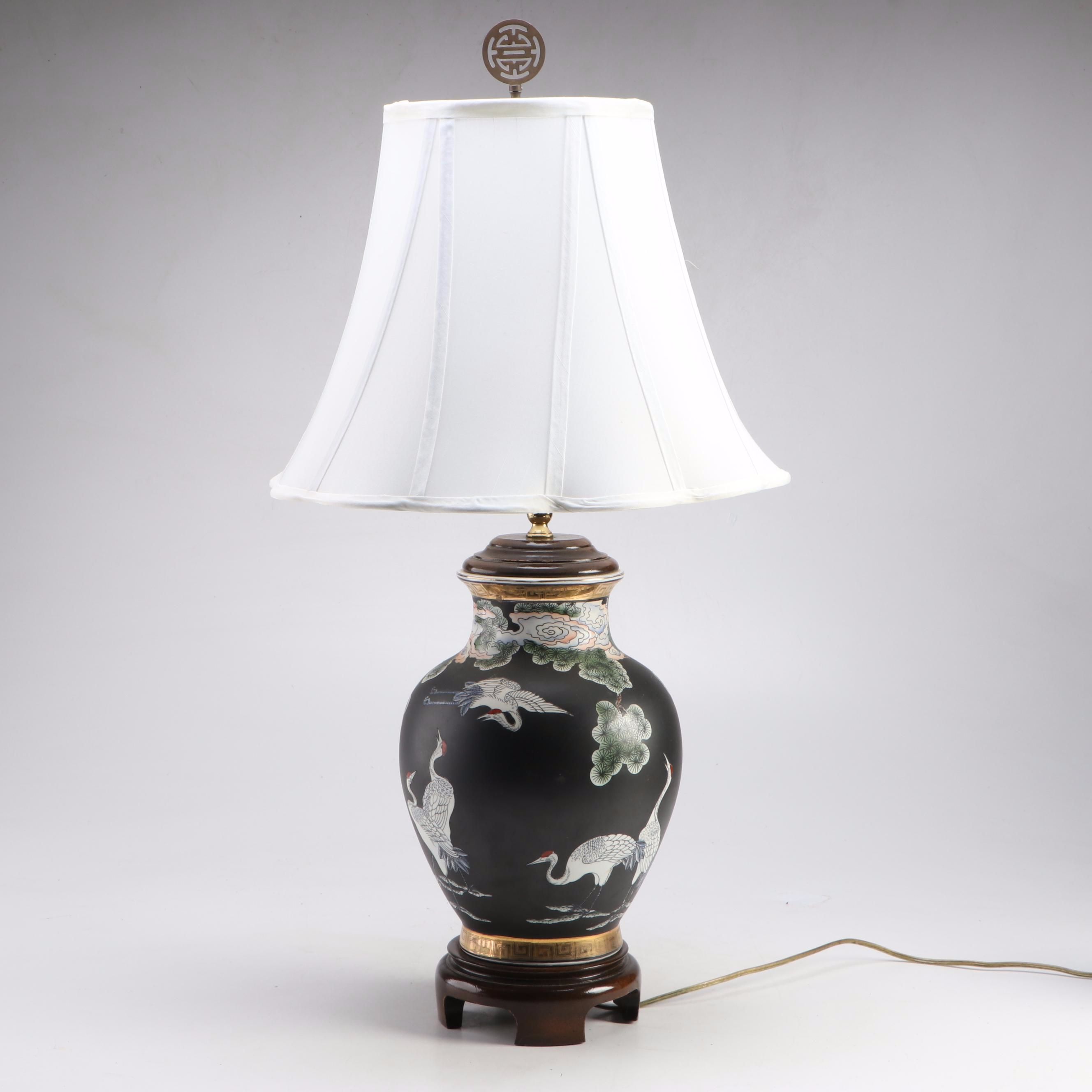 East Asian Cranes on Porcelain Ginger Jar Table Lamp, Scalloped Silk Shade