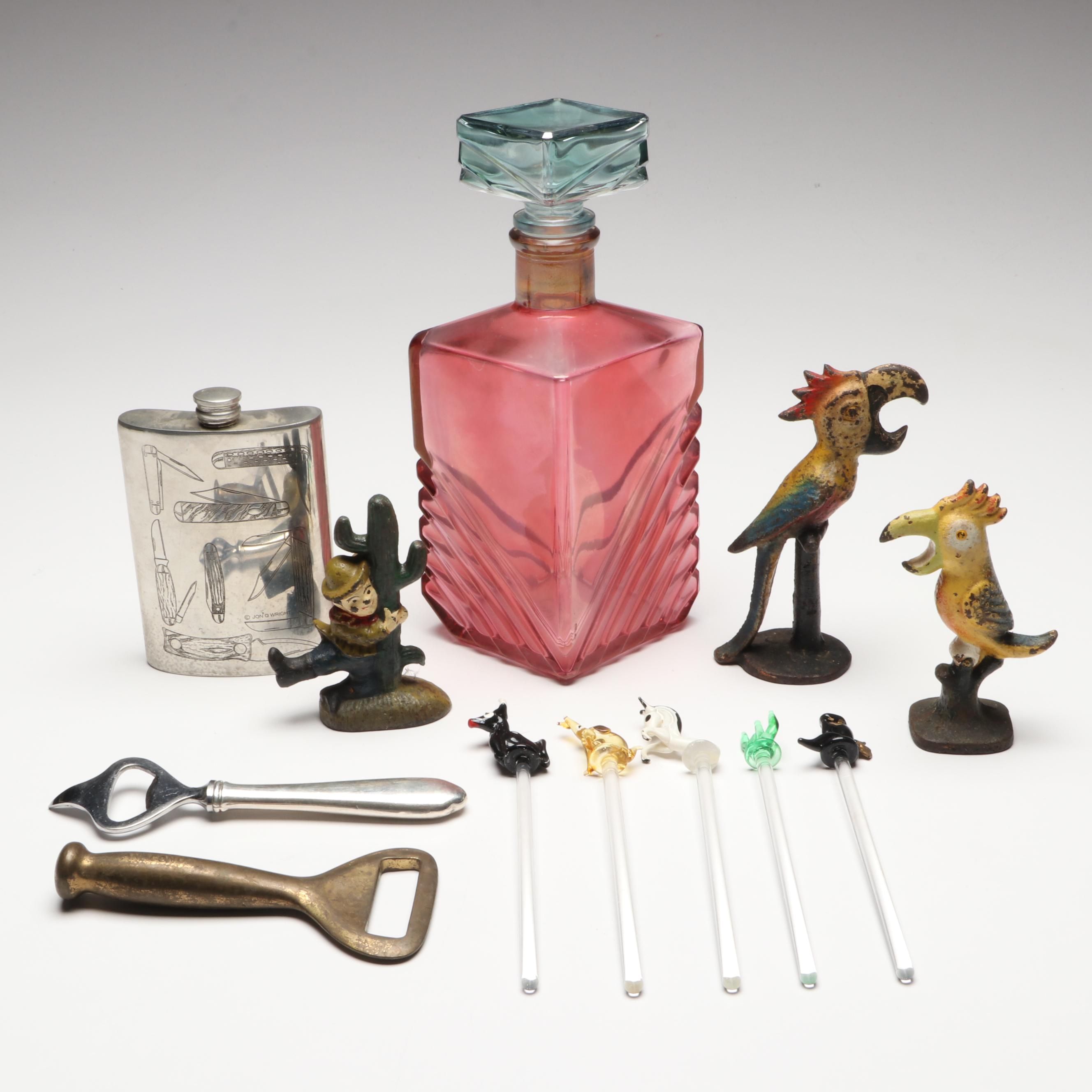 Cast Iron Tropical Bird Bottle Openers with Blown Stir Sticks and More Bar Tools
