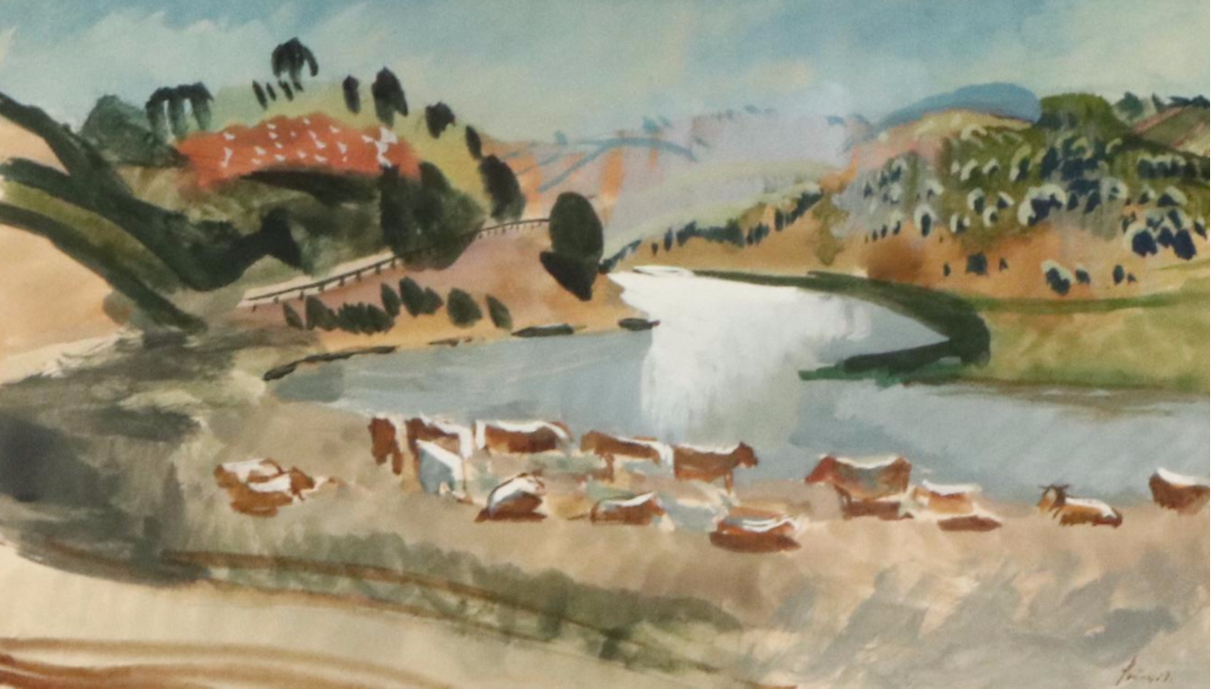 Gouache Painting of Pastoral Landscape, Circa 1940