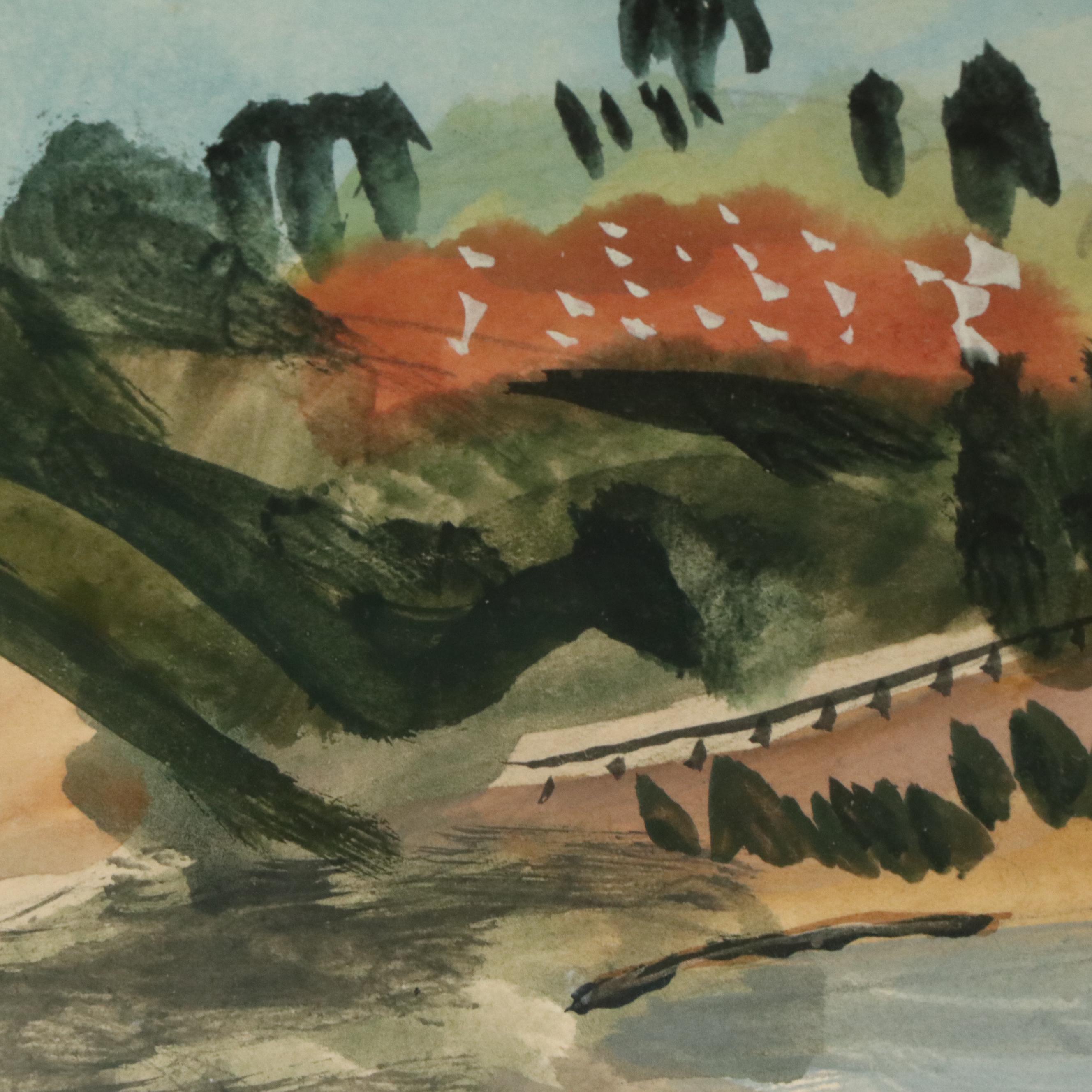 Gouache Painting of Pastoral Landscape, Circa 1940