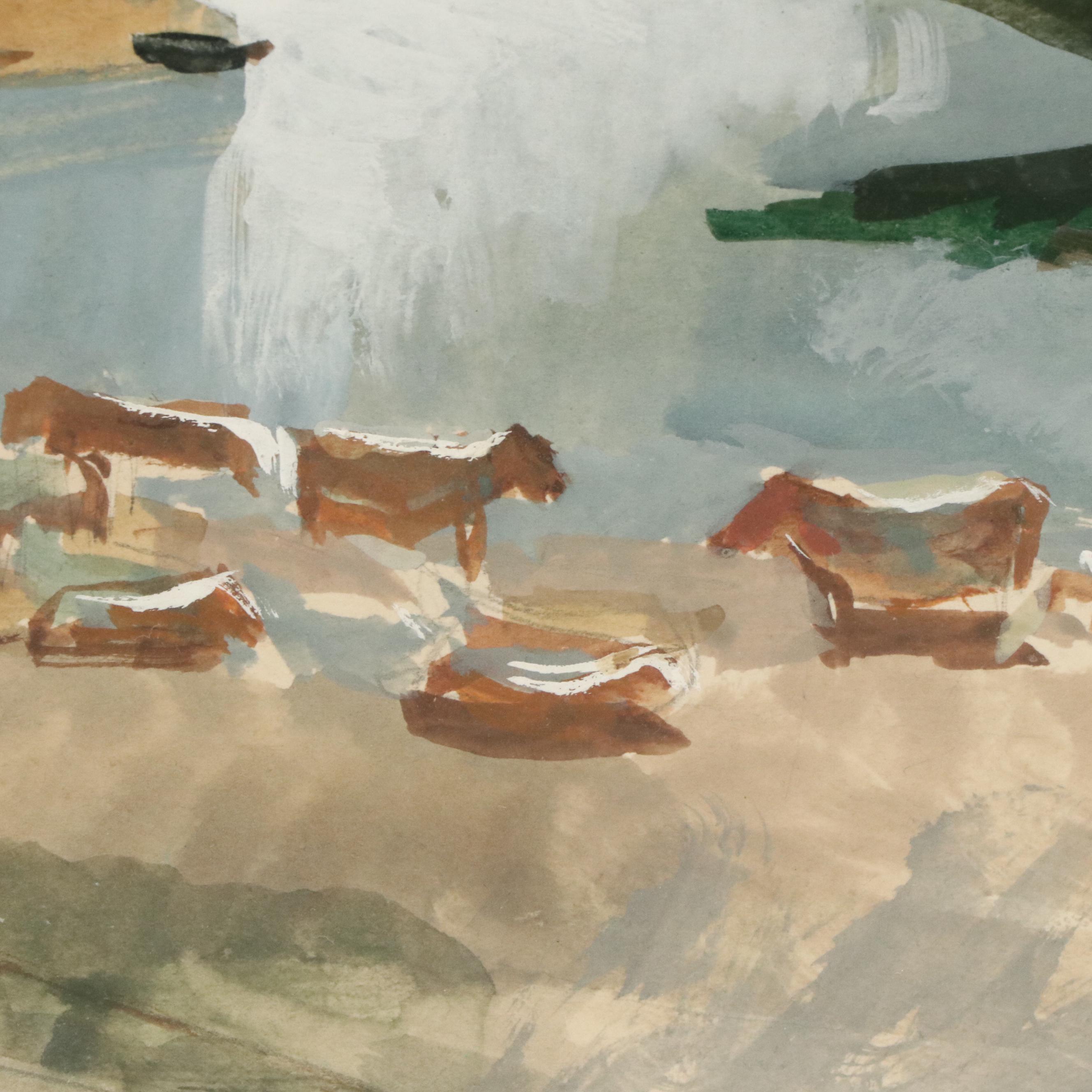 Gouache Painting of Pastoral Landscape, Circa 1940