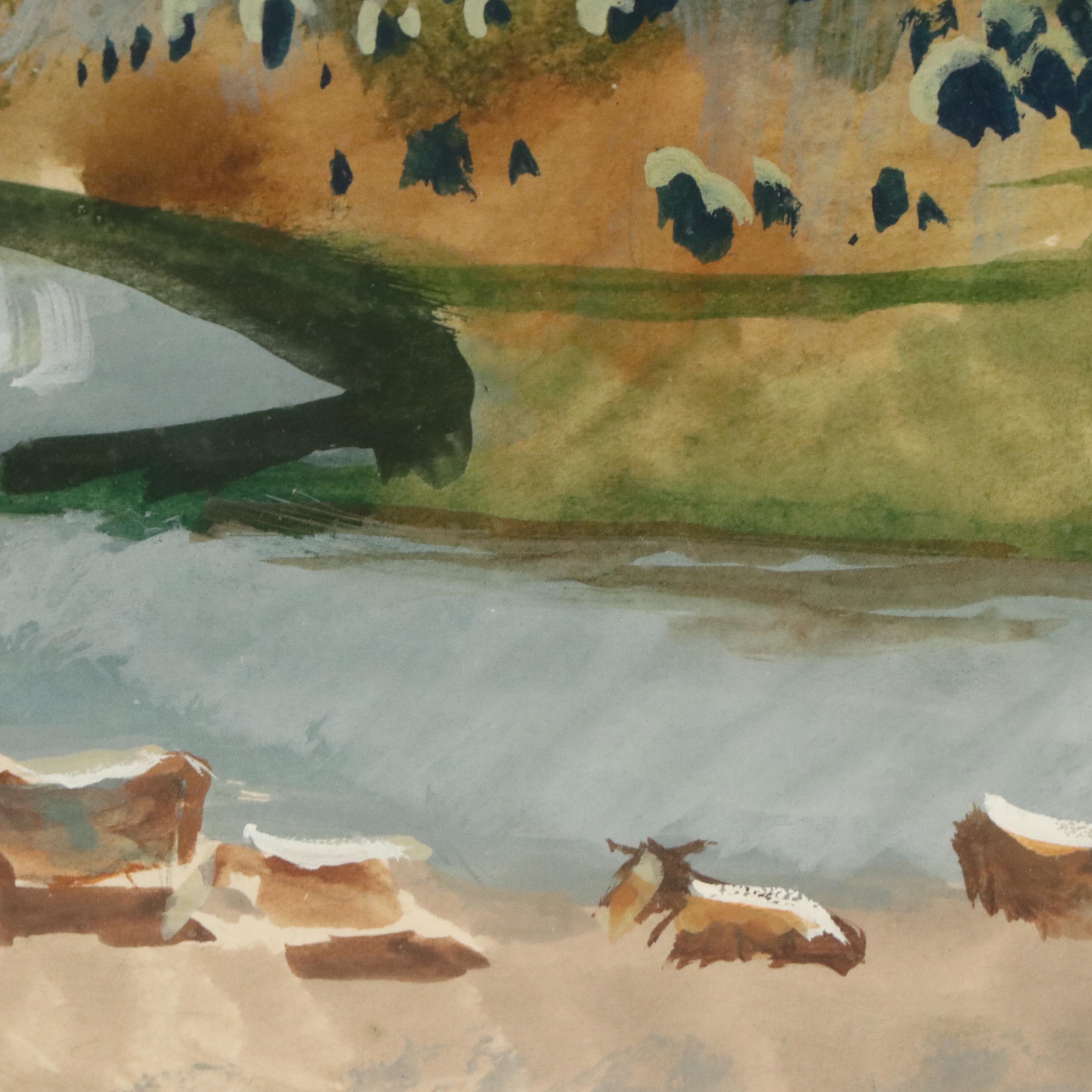 Gouache Painting of Pastoral Landscape, Circa 1940