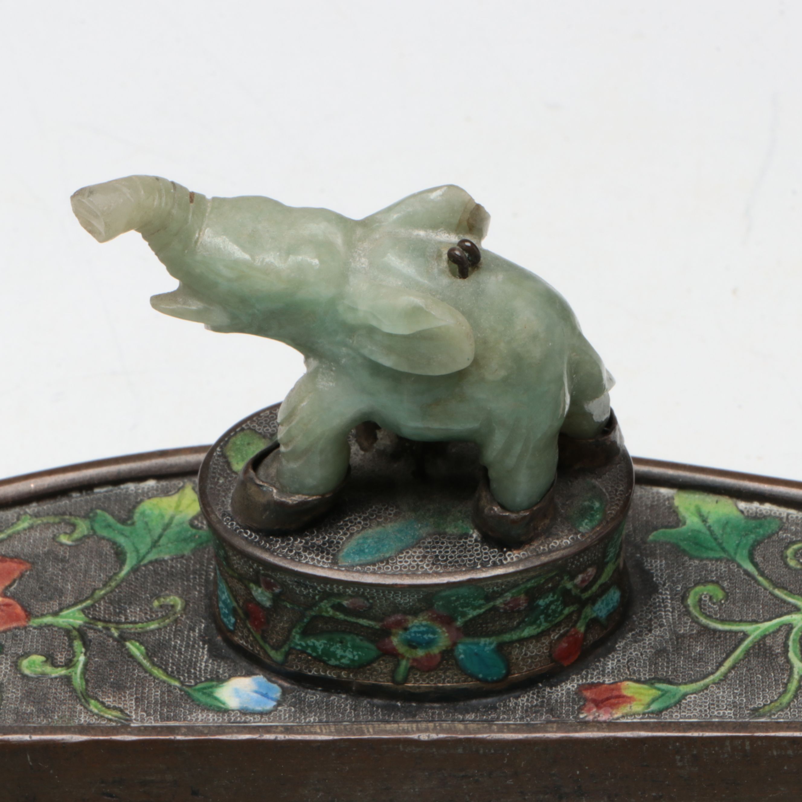 Chinese Enamel and Metal Tray with Hand-Carved Stone Elephant