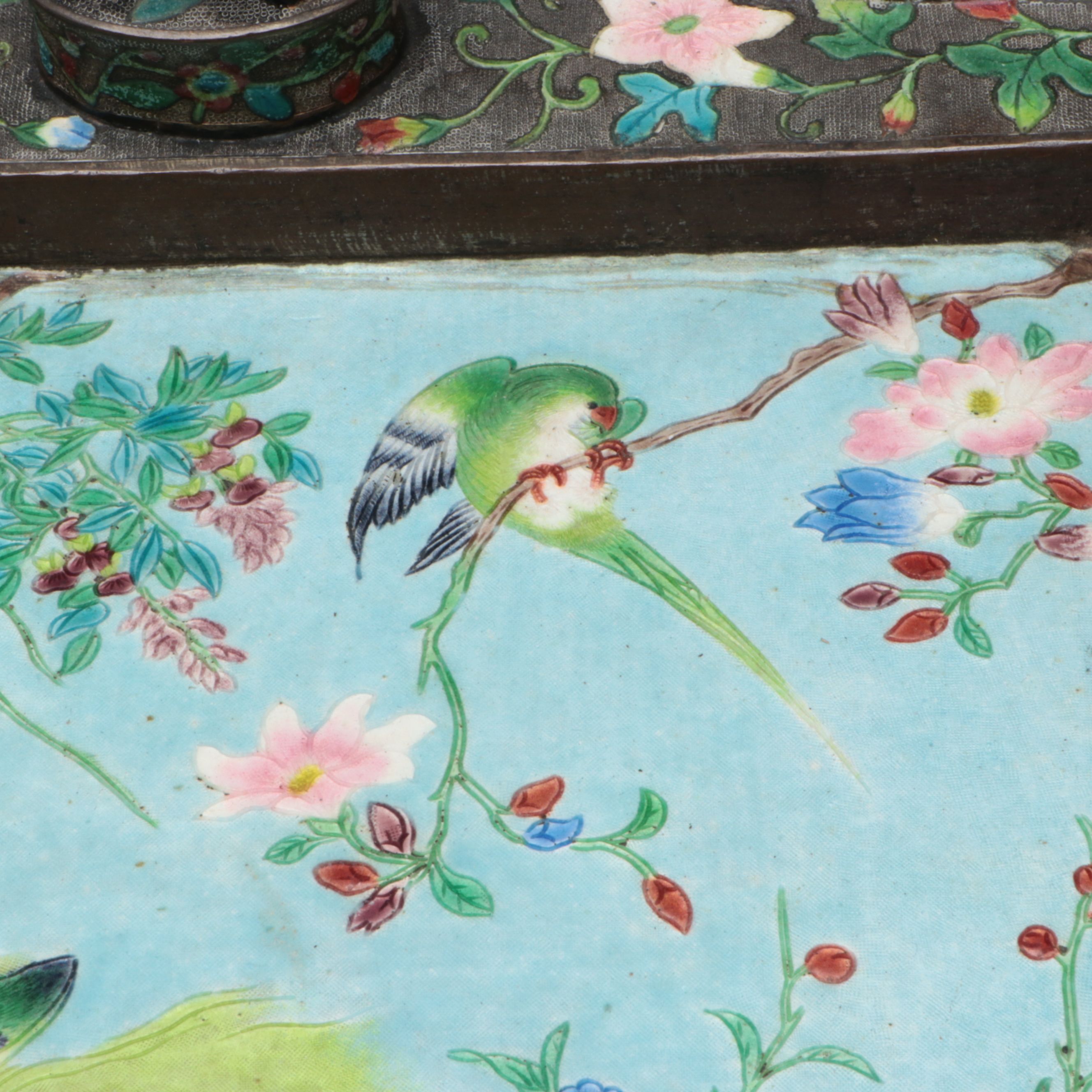 Chinese Enamel and Metal Tray with Hand-Carved Stone Elephant