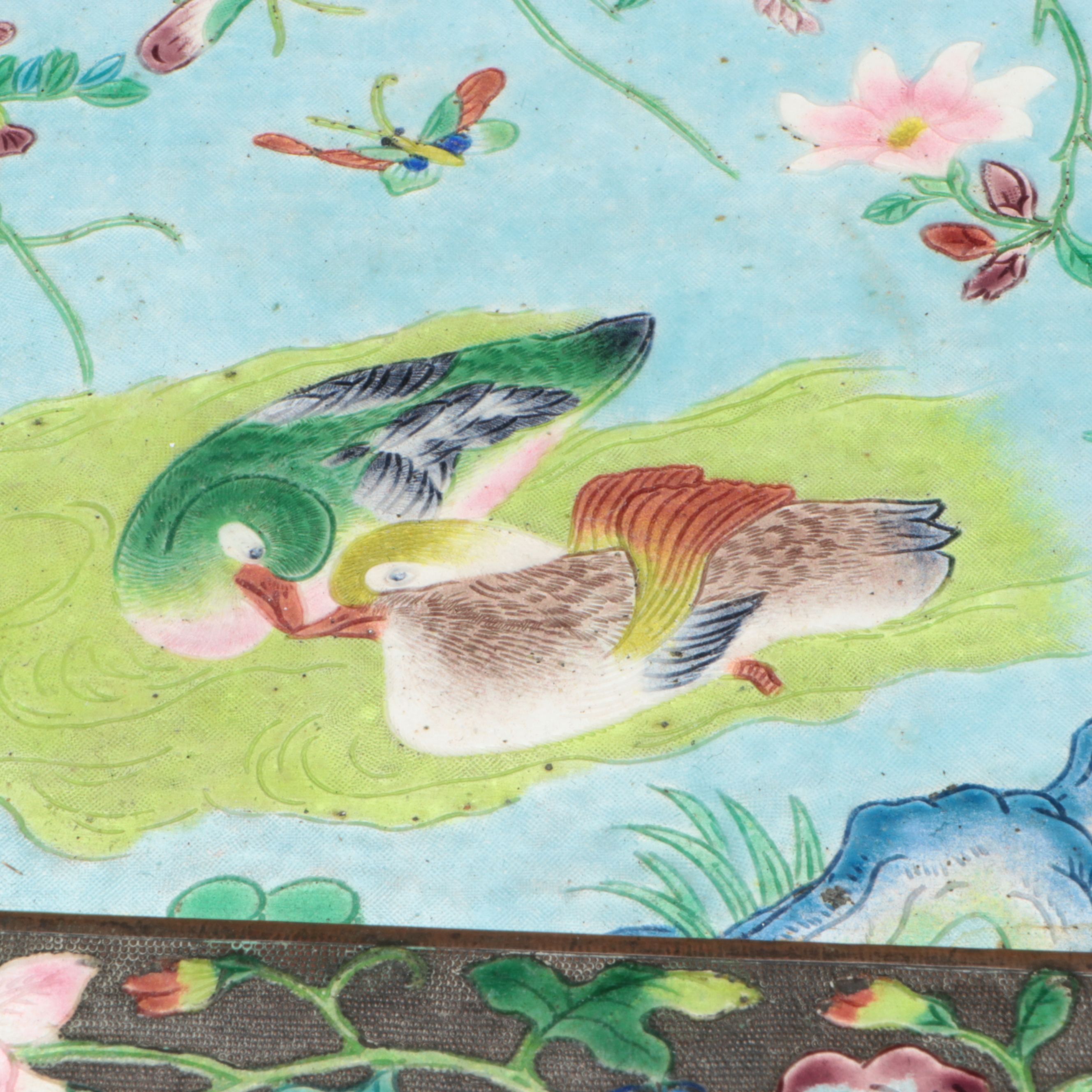 Chinese Enamel and Metal Tray with Hand-Carved Stone Elephant