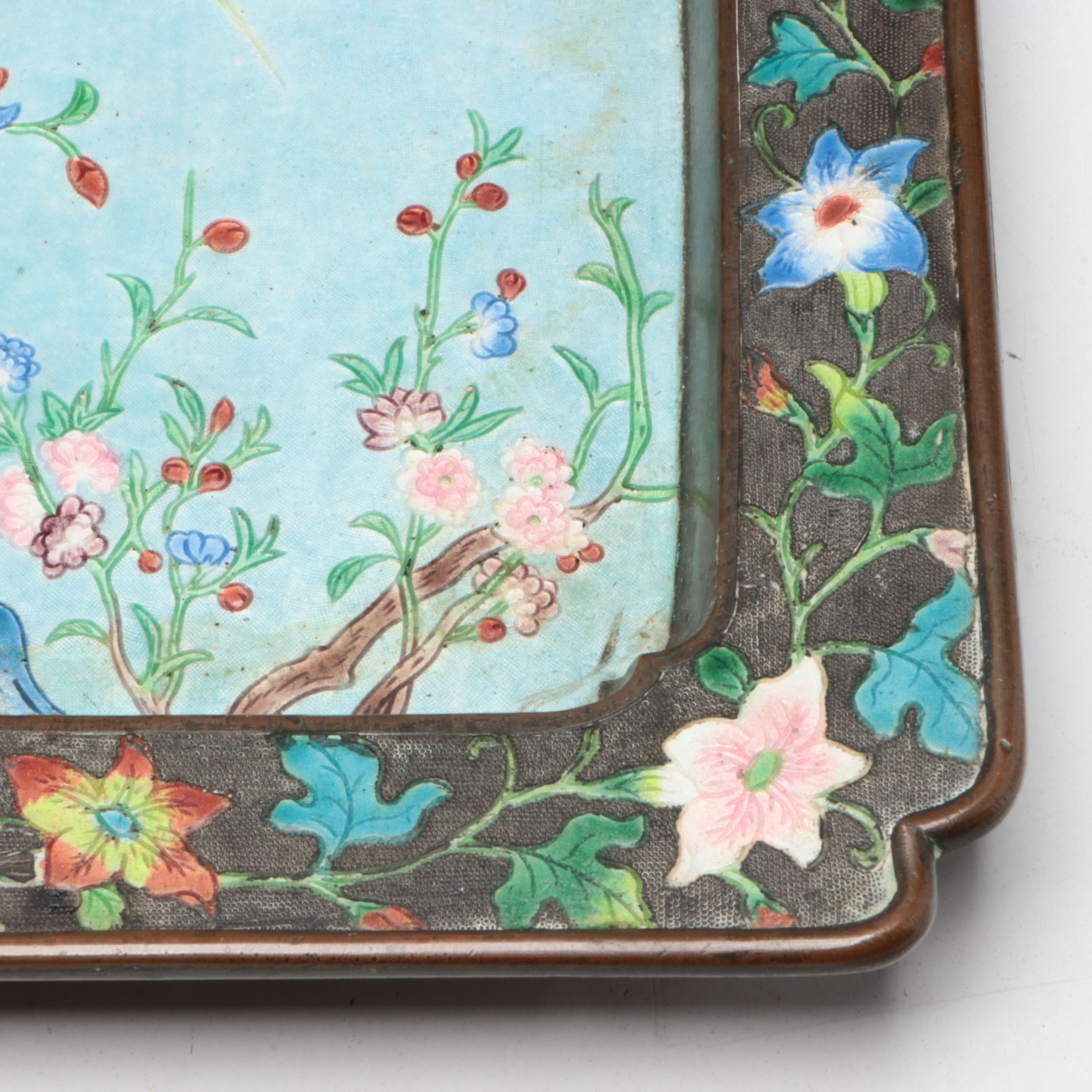 Chinese Enamel and Metal Tray with Hand-Carved Stone Elephant