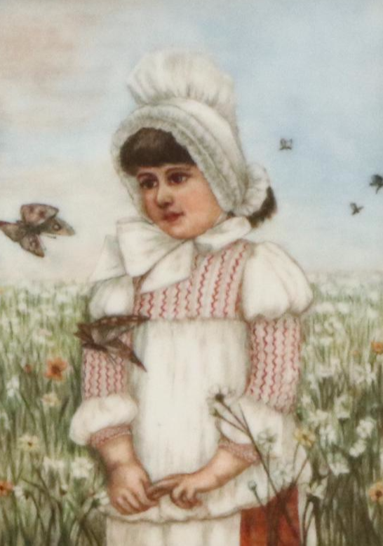 Hand-Painted Porcelain Plaque Depicting Girl in Field of Wildflowers
