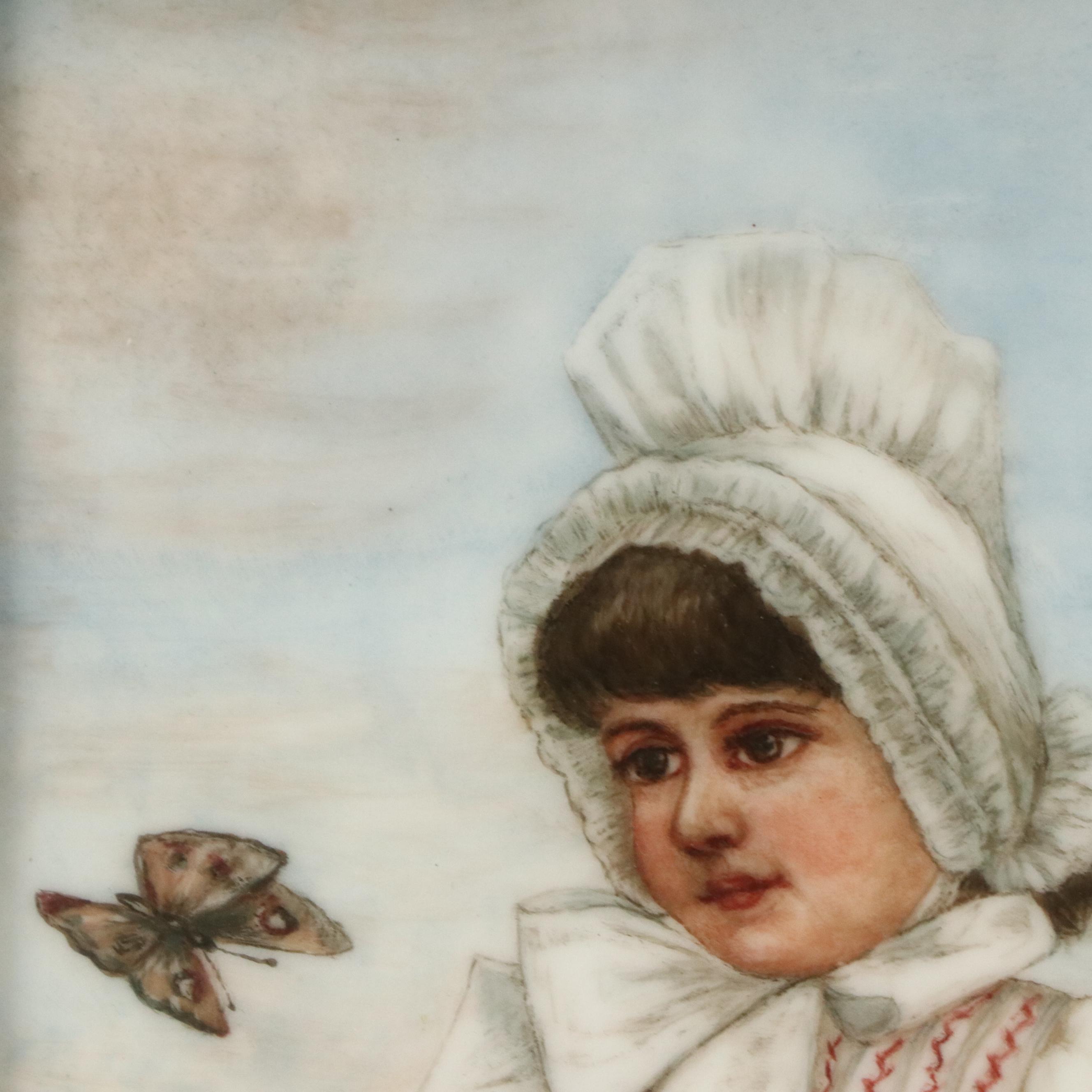 Hand-Painted Porcelain Plaque Depicting Girl in Field of Wildflowers