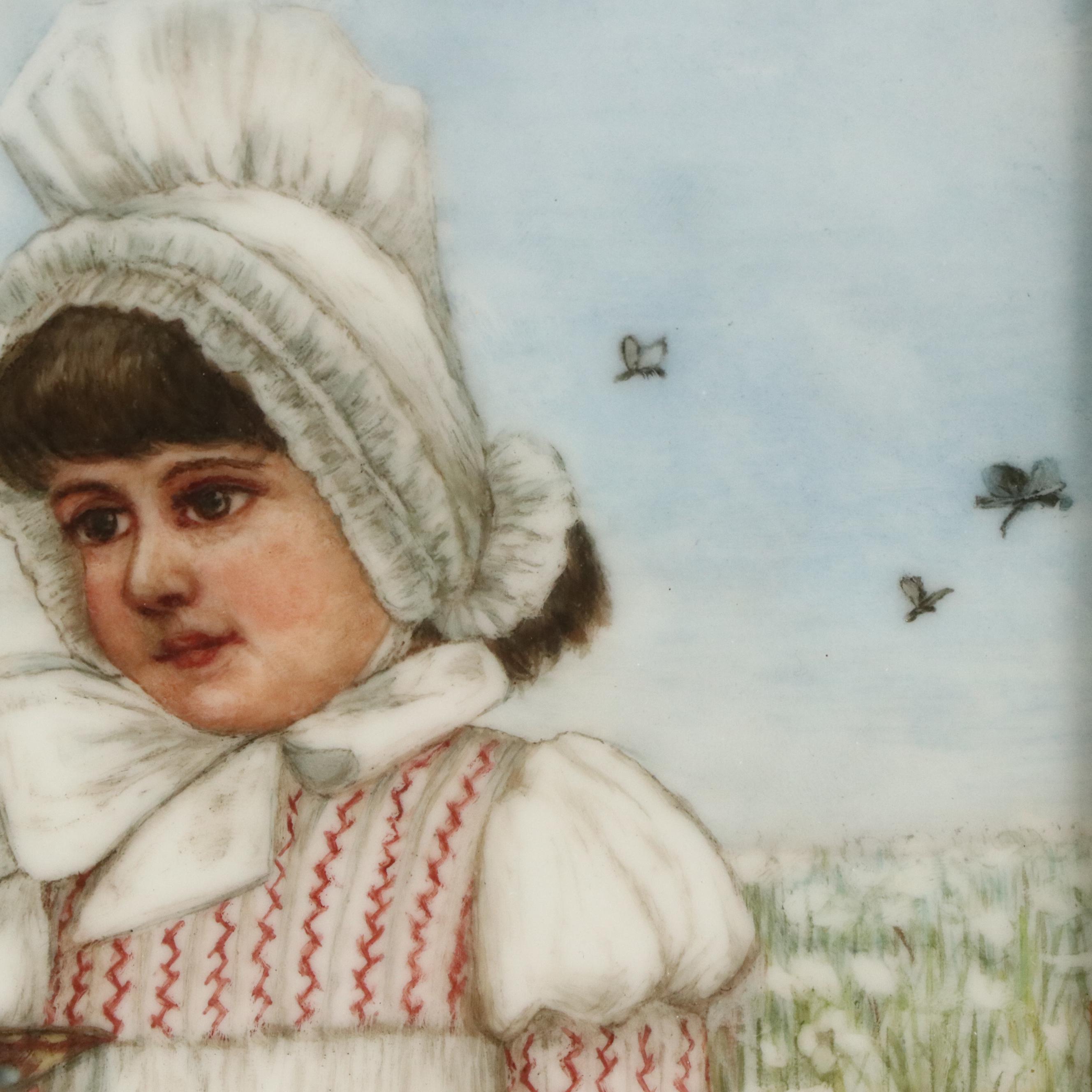 Hand-Painted Porcelain Plaque Depicting Girl in Field of Wildflowers