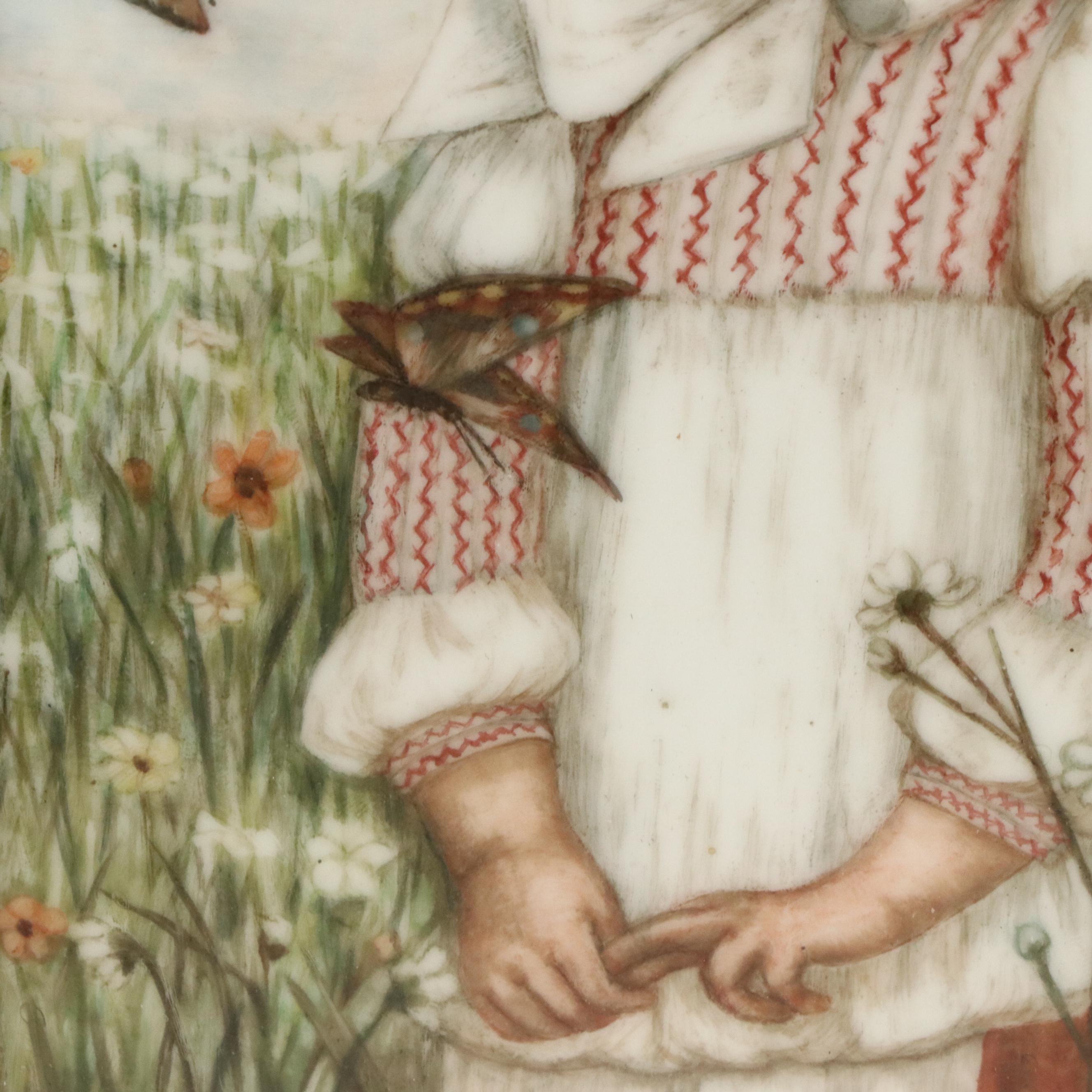 Hand-Painted Porcelain Plaque Depicting Girl in Field of Wildflowers