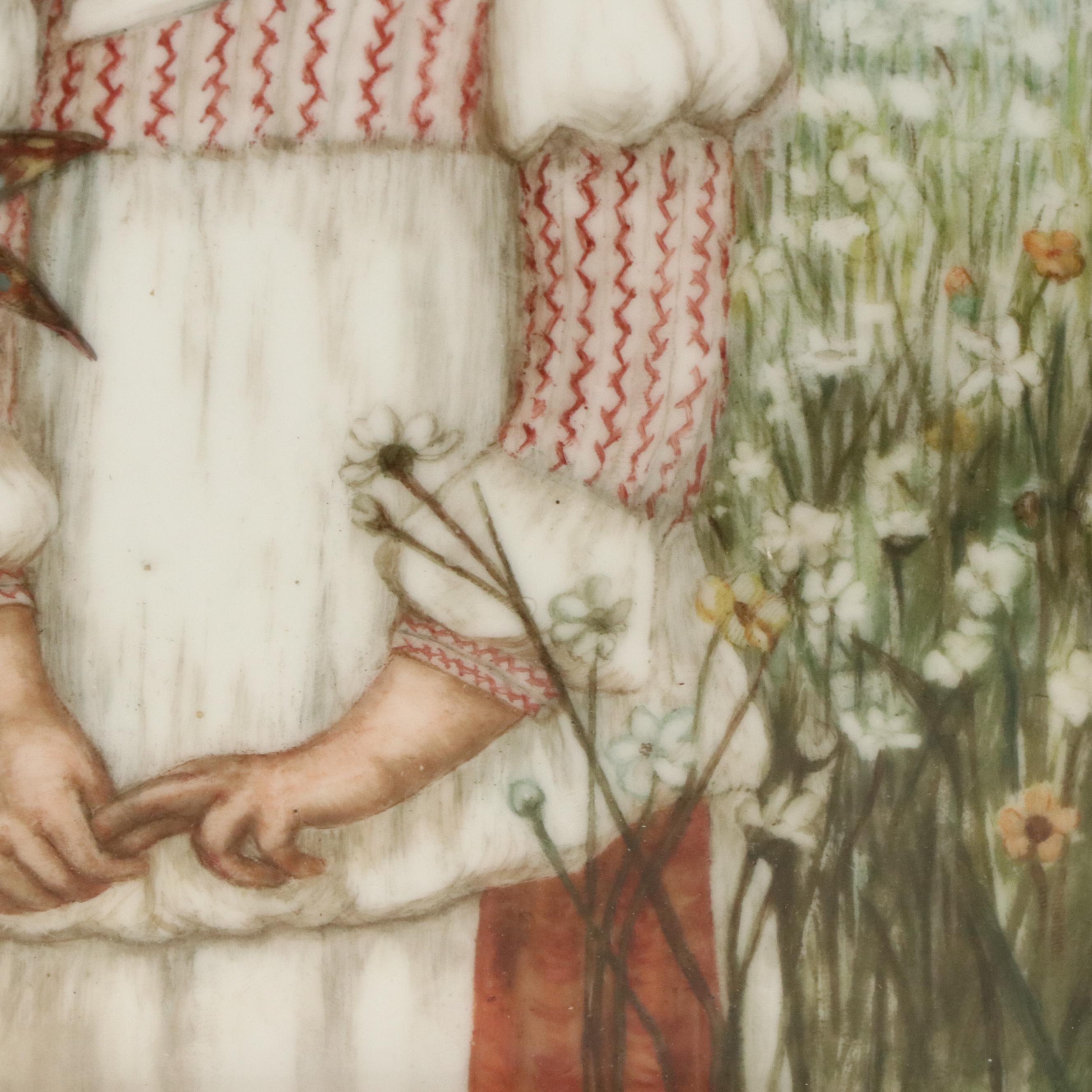 Hand-Painted Porcelain Plaque Depicting Girl in Field of Wildflowers