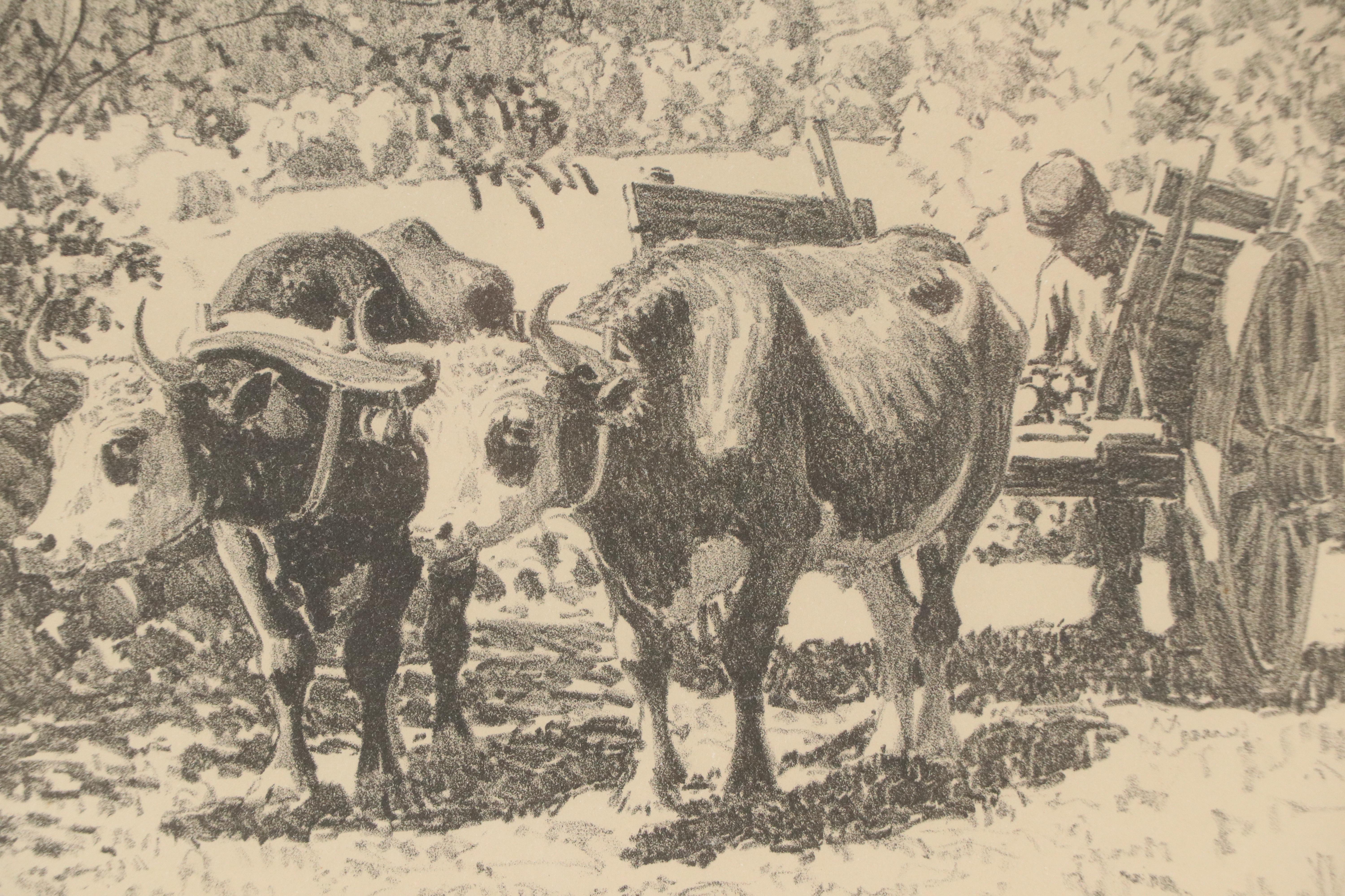 Edward Charles Volkert Graphite Drawing of Oxen Pulling Wagon, Late 19th C.