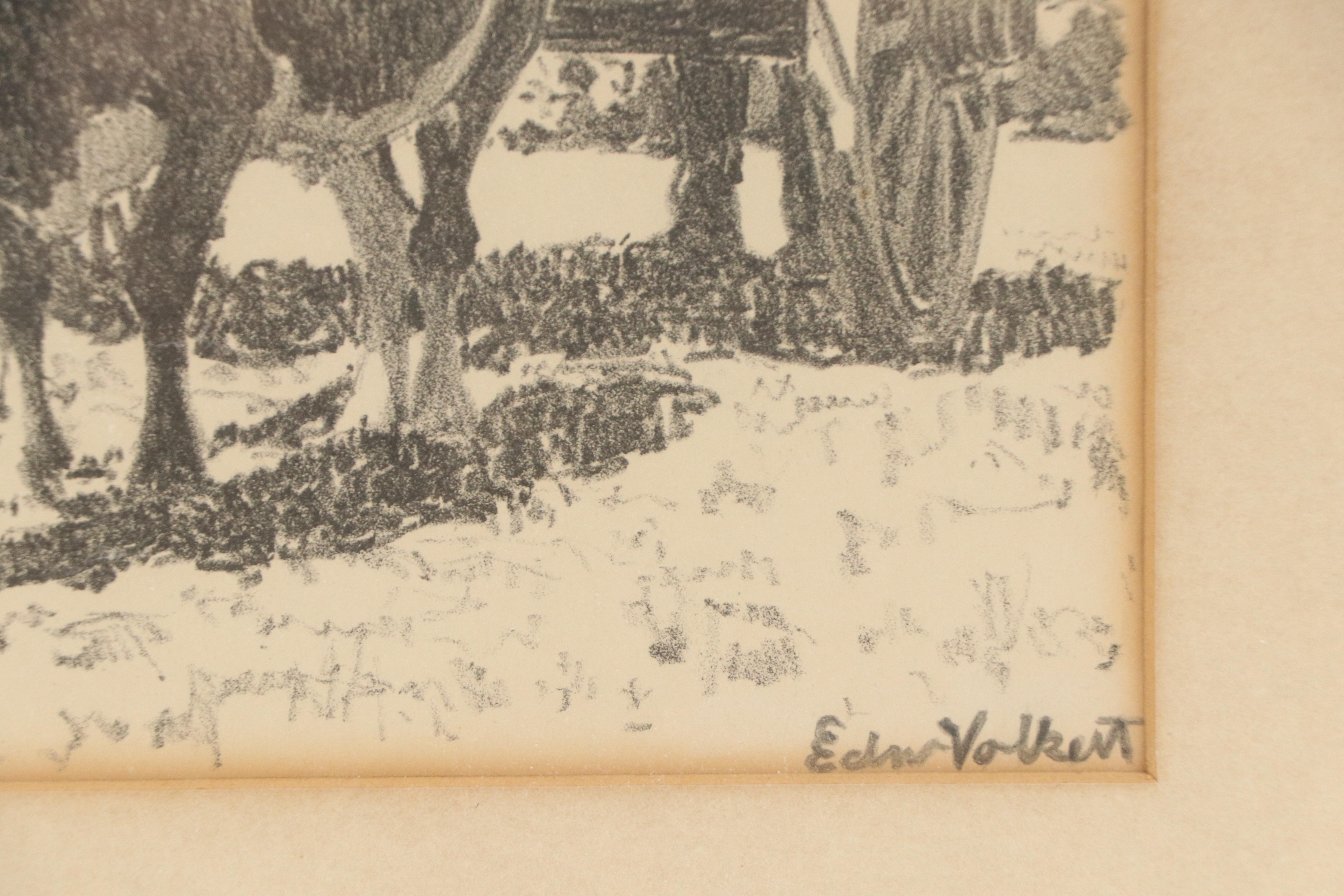 Edward Charles Volkert Graphite Drawing of Oxen Pulling Wagon, Late 19th C.