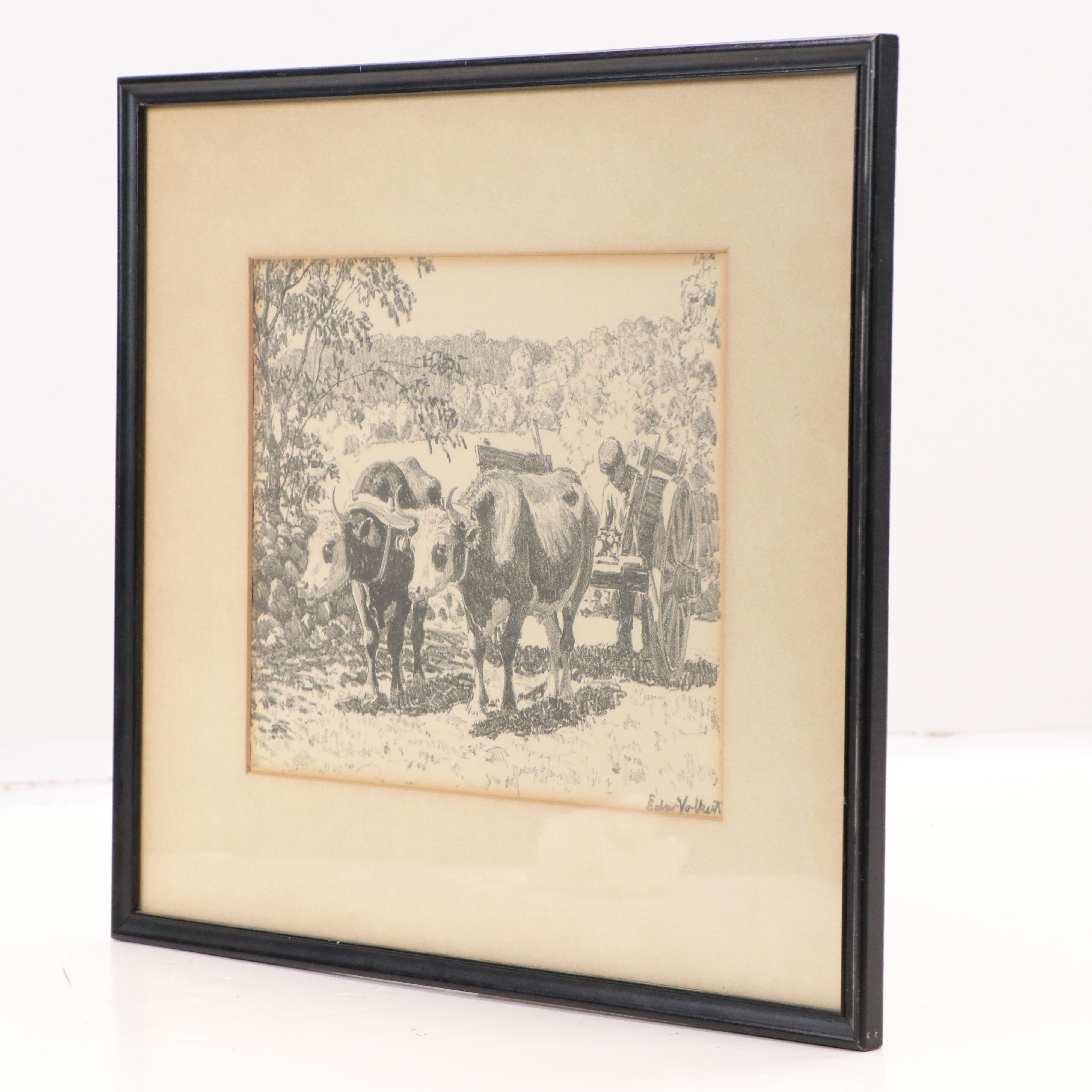 Edward Charles Volkert Graphite Drawing of Oxen Pulling Wagon, Late 19th C.