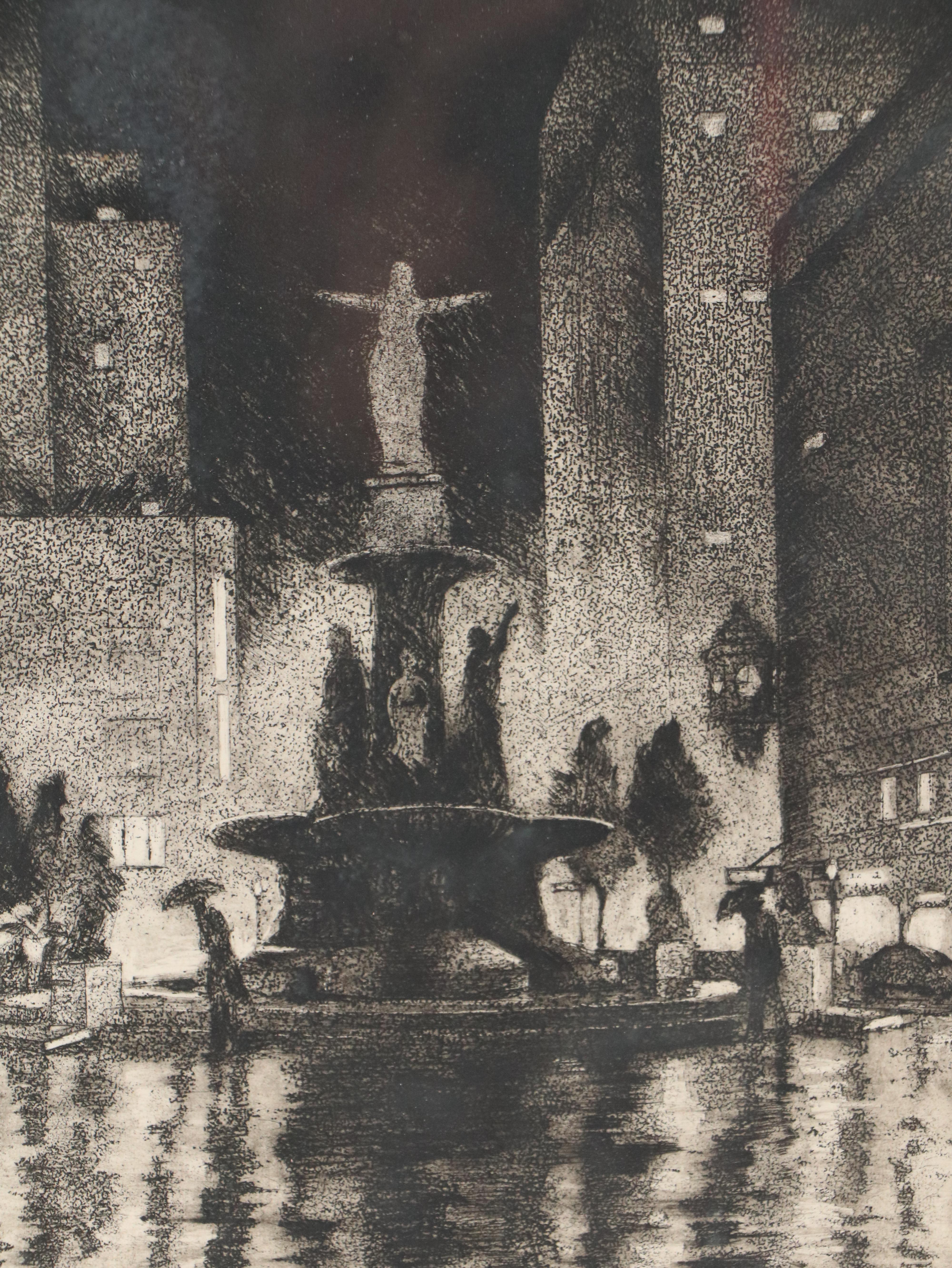 Kenneth Ozier Etching "Rainy Night; Fountain Square, Cincinnati," 1935