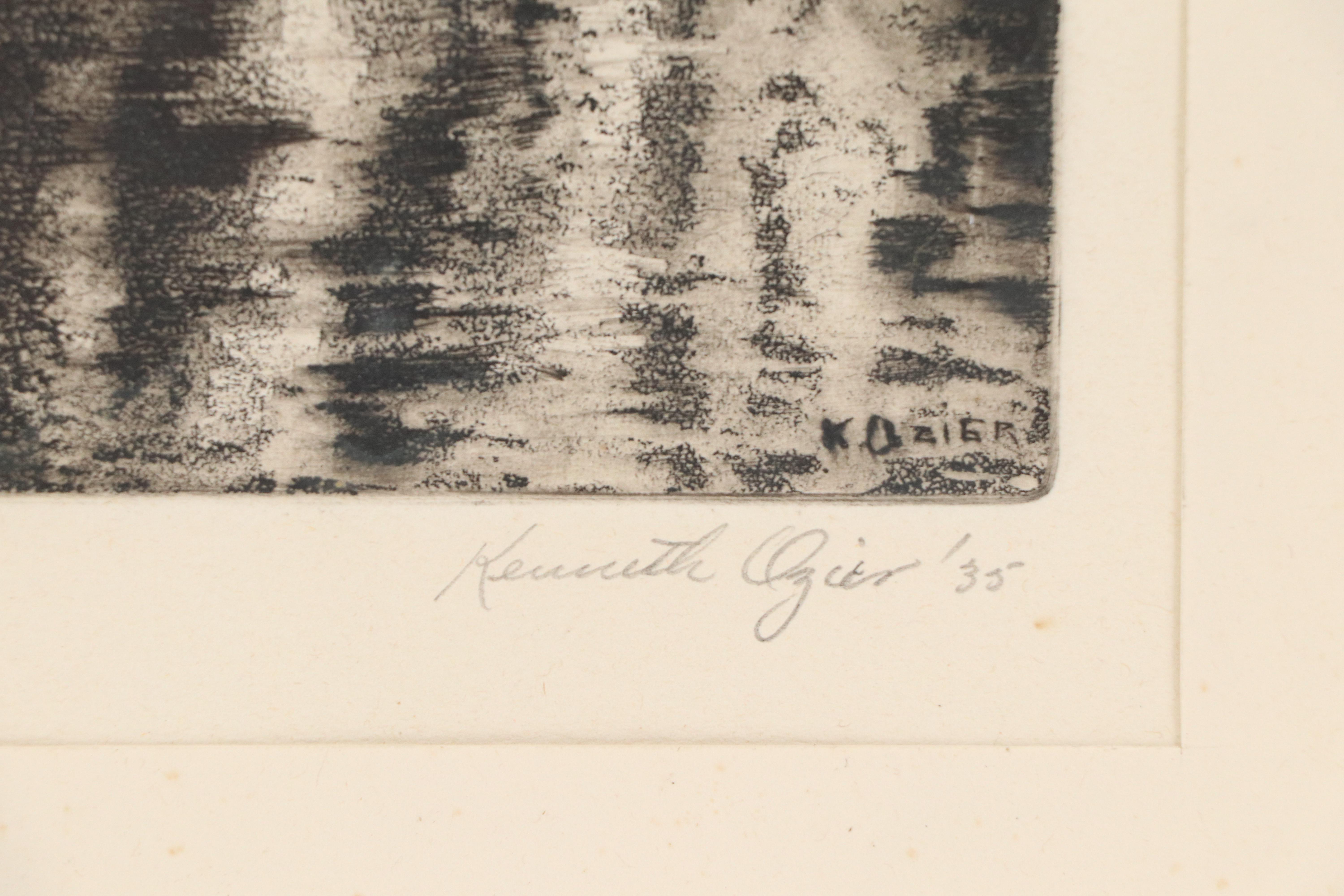 Kenneth Ozier Etching "Rainy Night; Fountain Square, Cincinnati," 1935