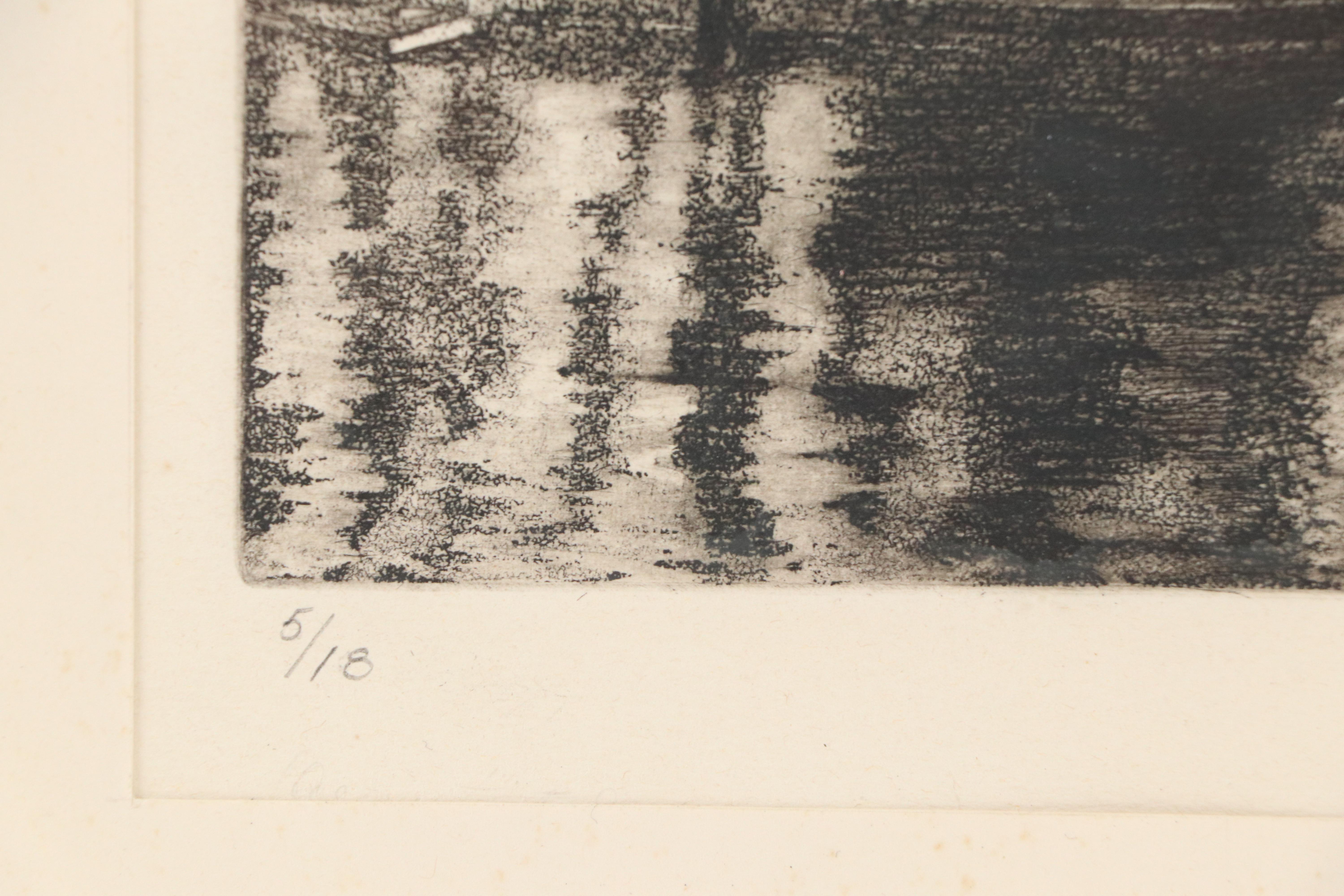 Kenneth Ozier Etching "Rainy Night; Fountain Square, Cincinnati," 1935