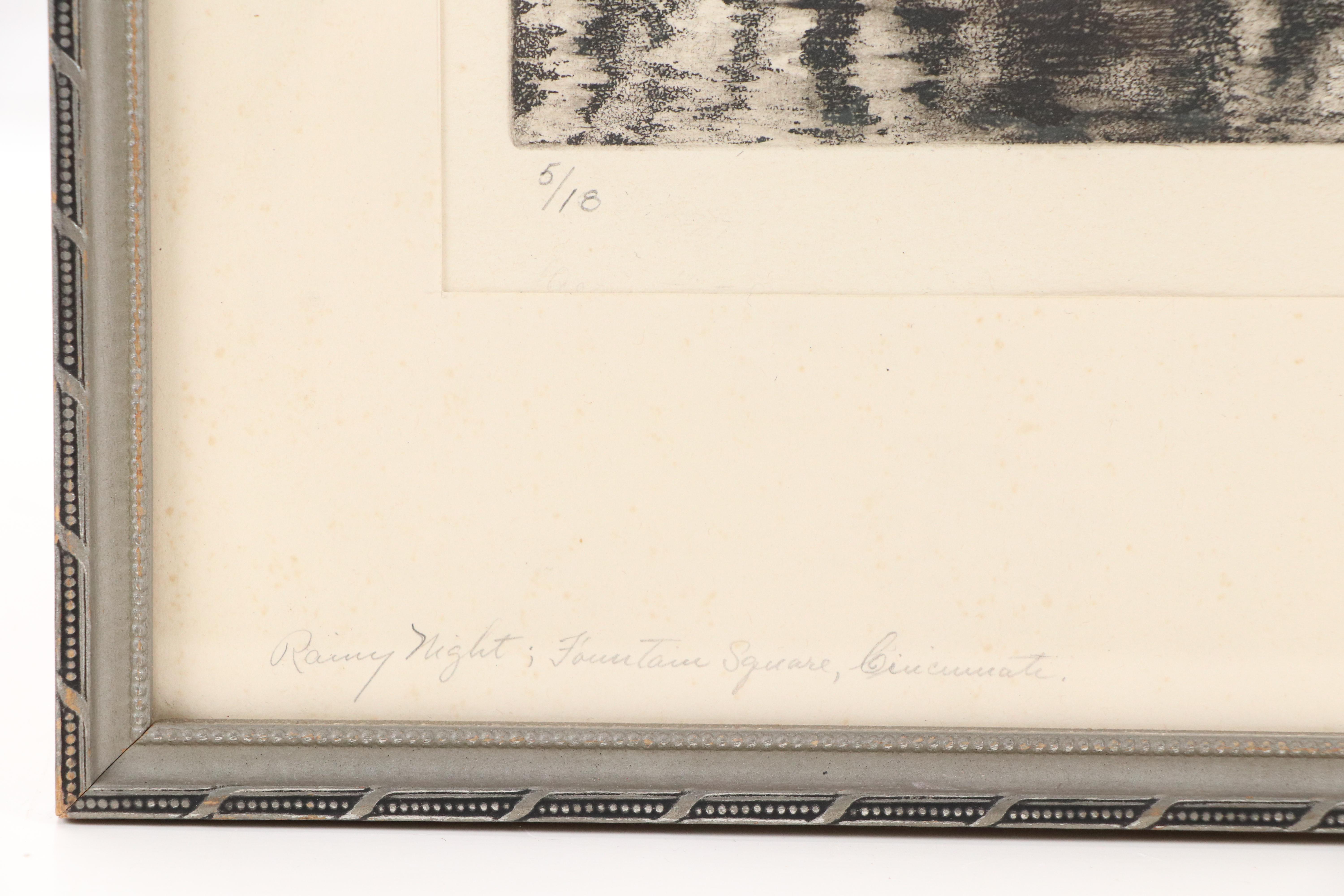 Kenneth Ozier Etching "Rainy Night; Fountain Square, Cincinnati," 1935