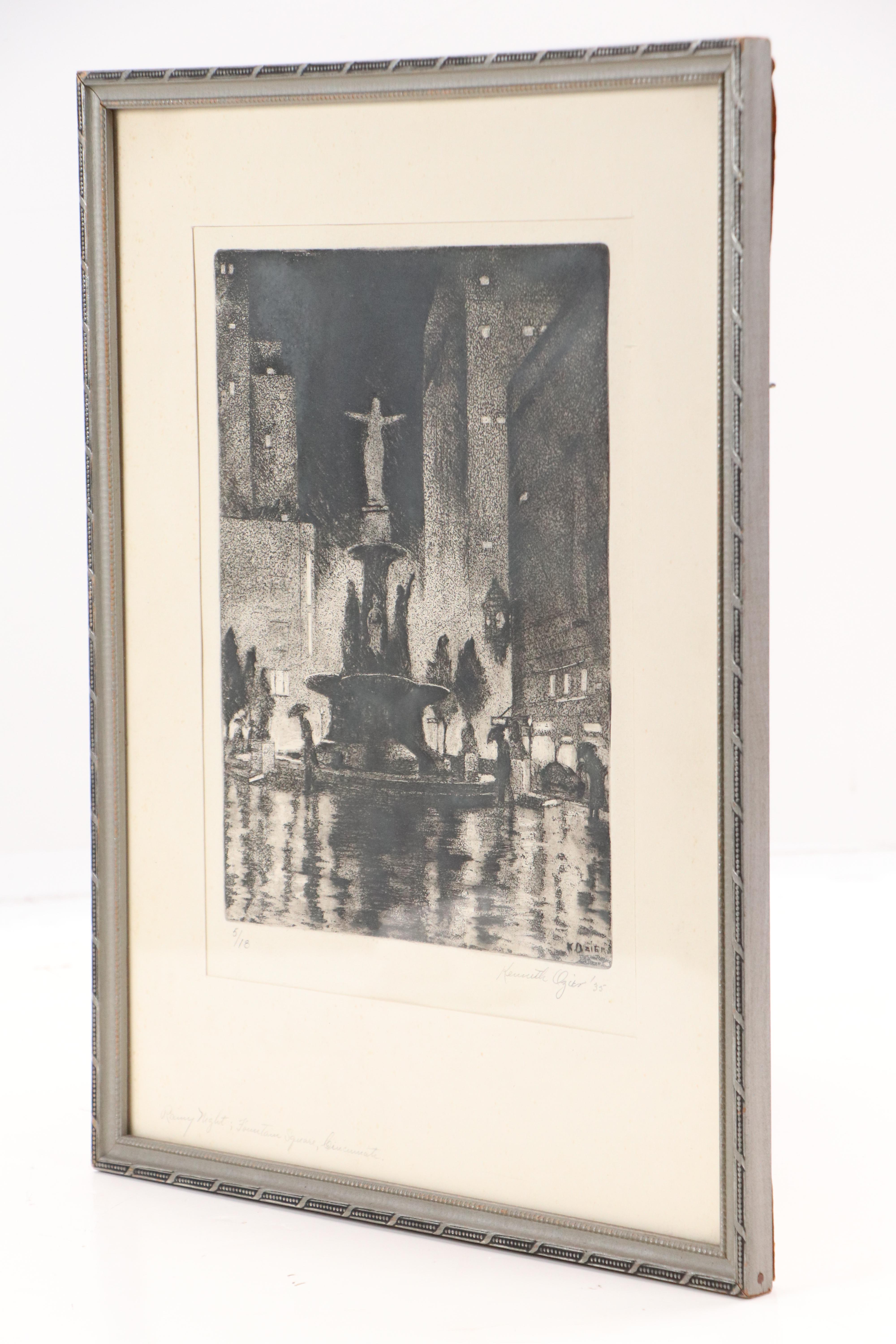Kenneth Ozier Etching "Rainy Night; Fountain Square, Cincinnati," 1935