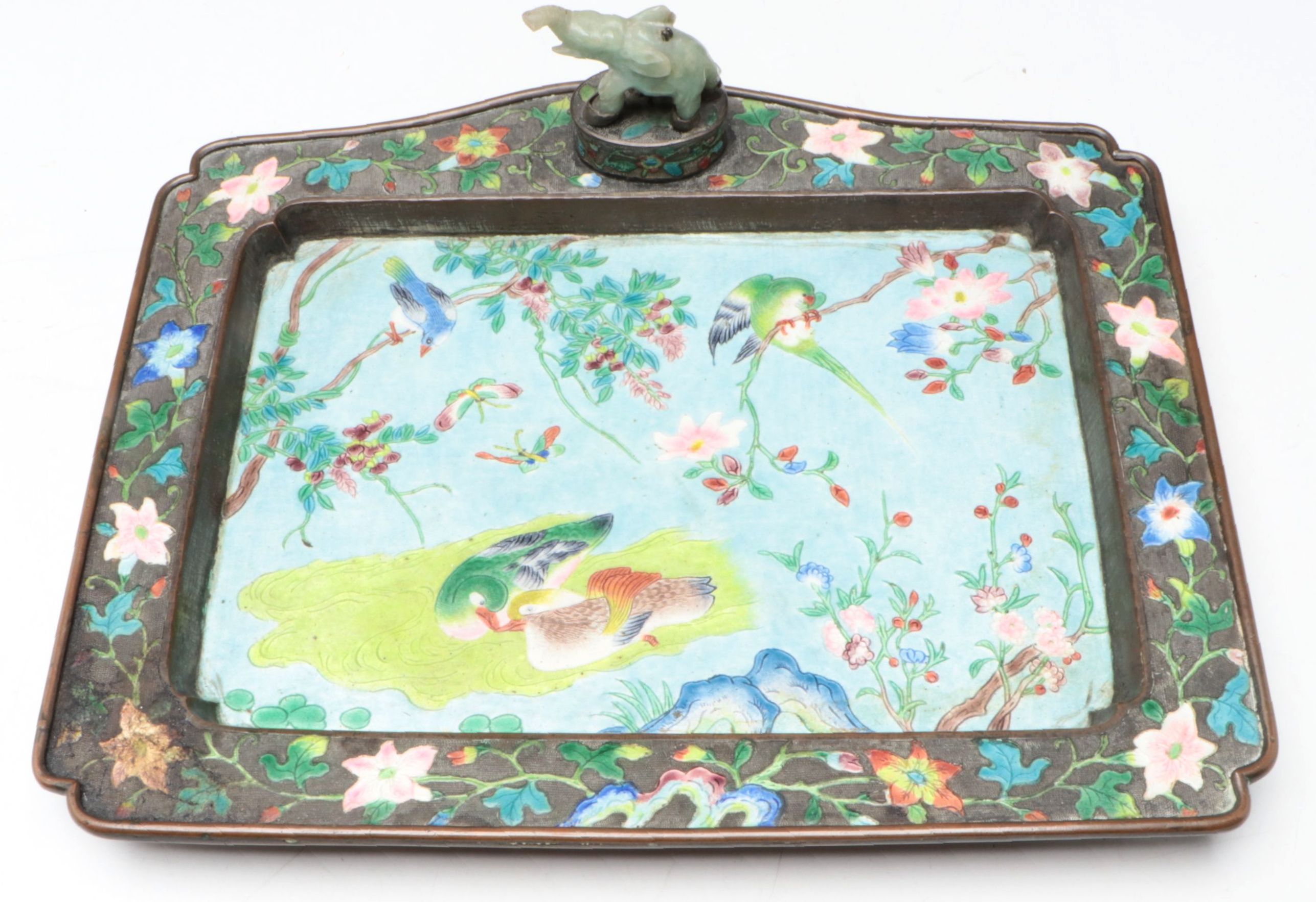 Chinese Enamel and Metal Tray with Hand-Carved Stone Elephant