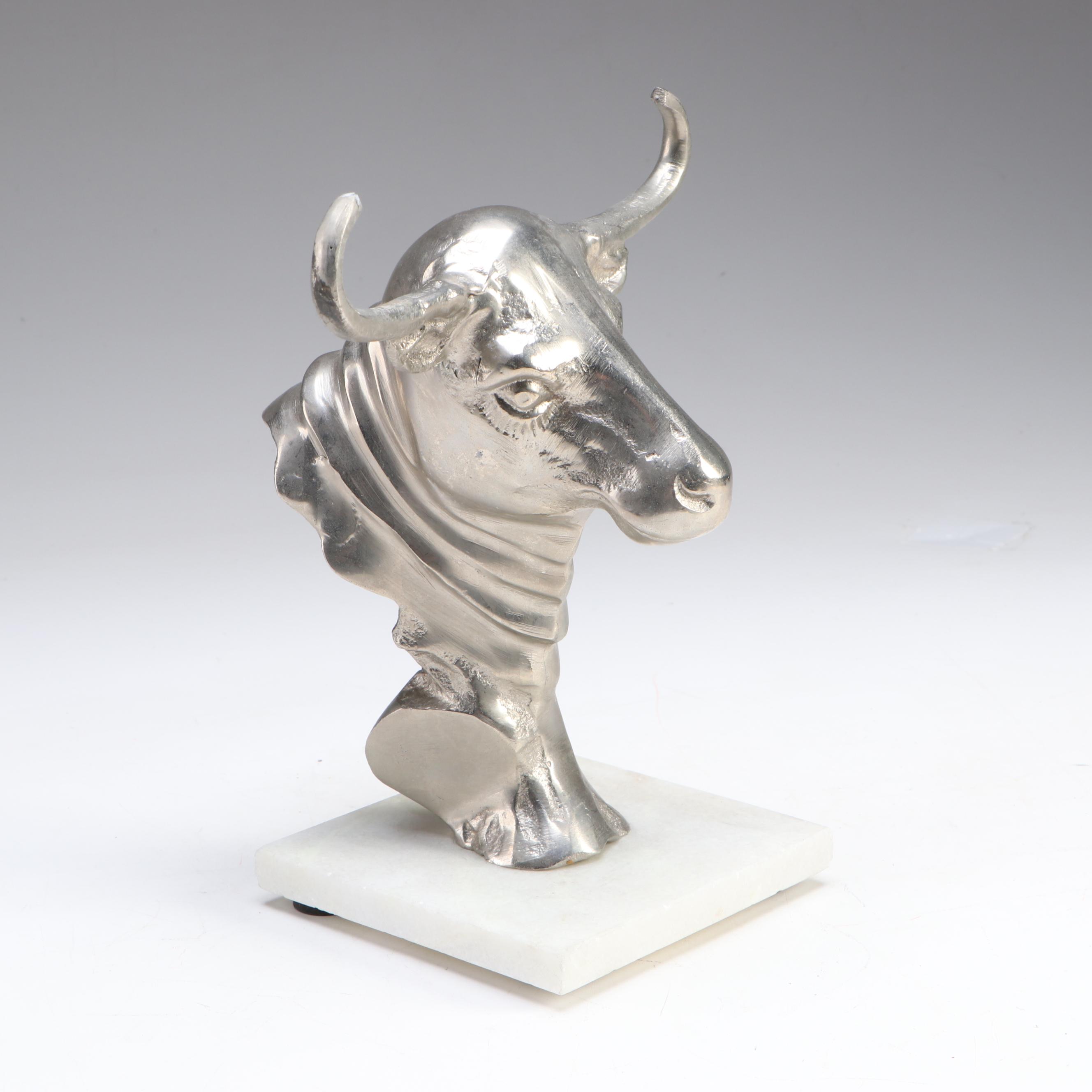 Silvered Cast Aluminum Bull Sculpture on Calcite Stand