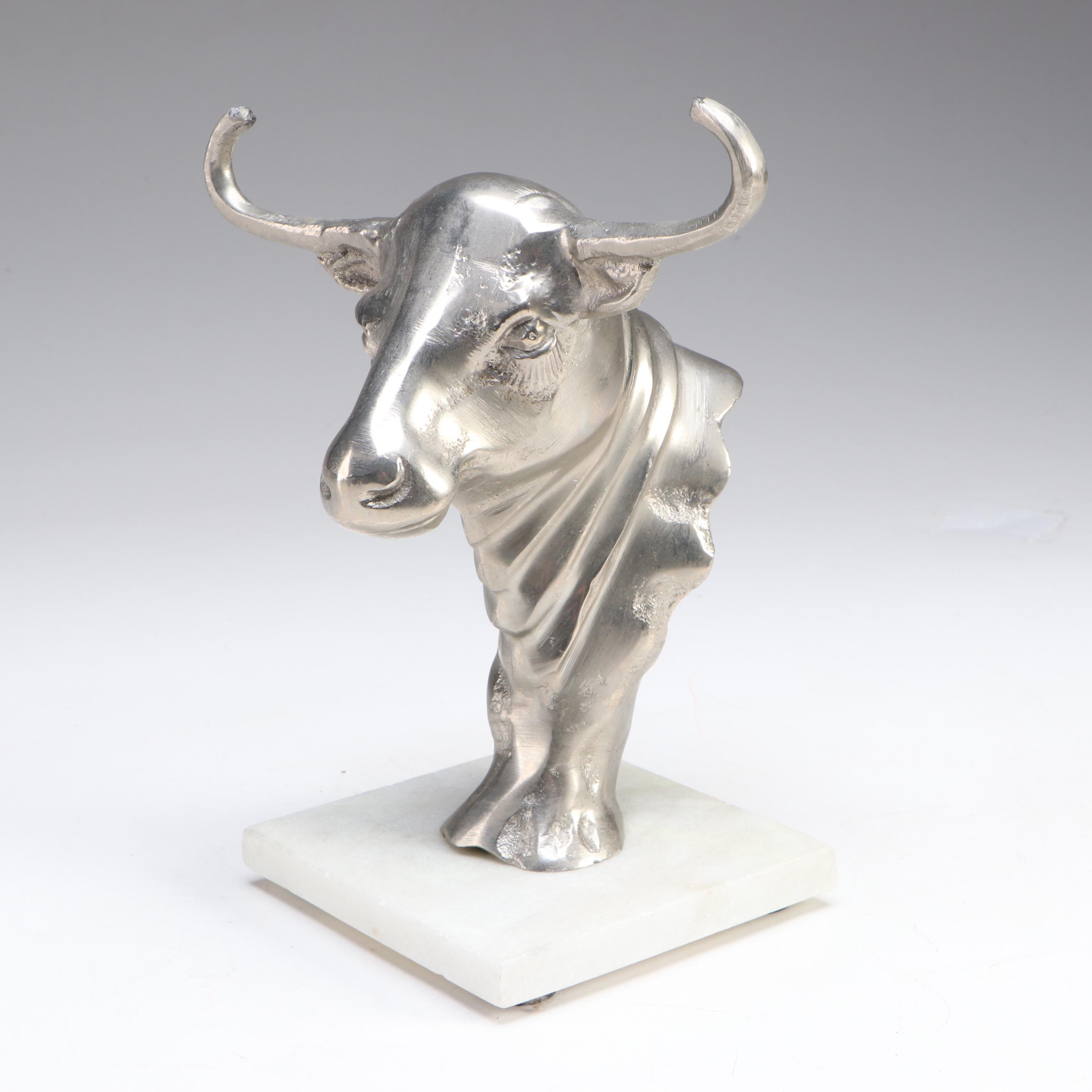 Silvered Cast Aluminum Bull Sculpture on Calcite Stand