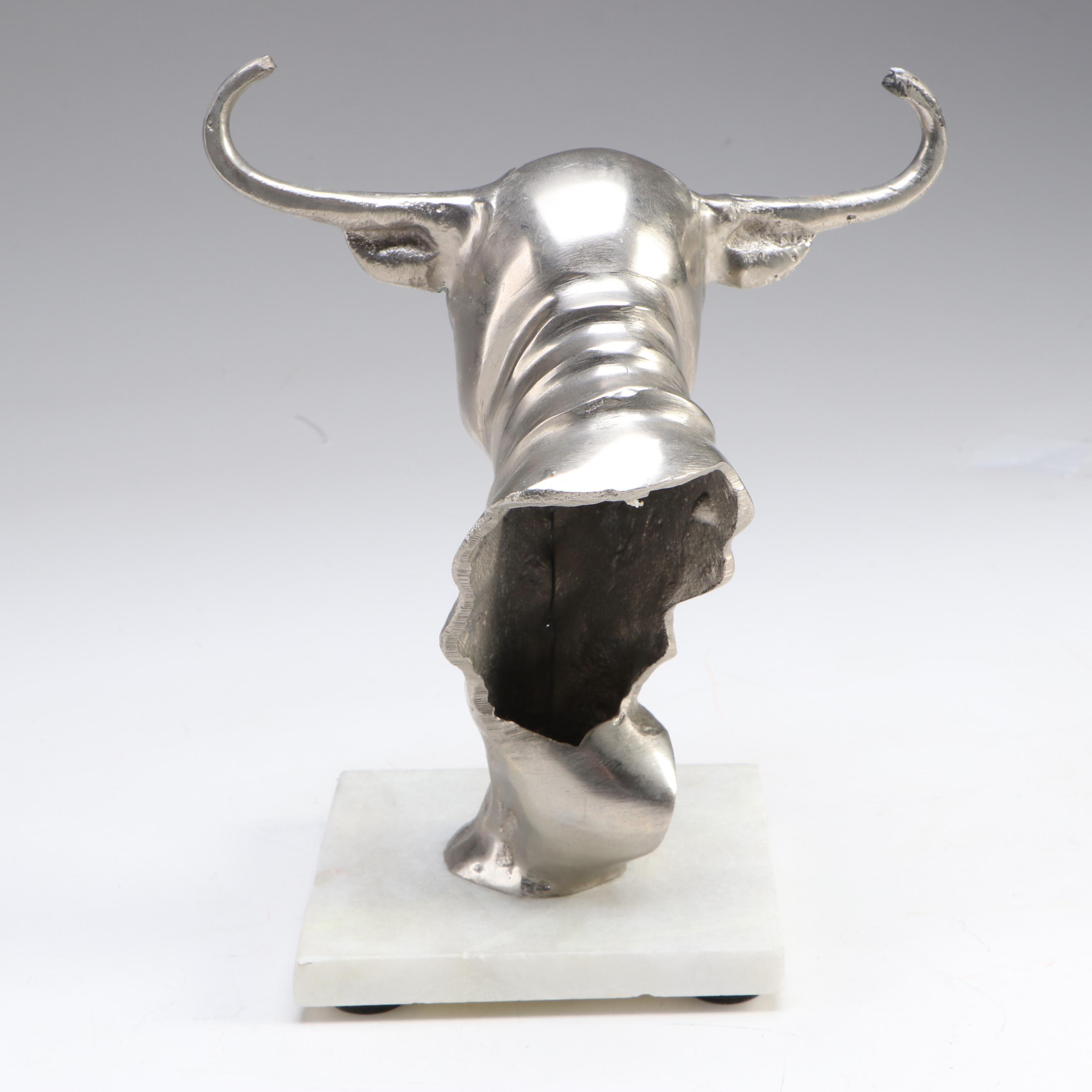 Silvered Cast Aluminum Bull Sculpture on Calcite Stand