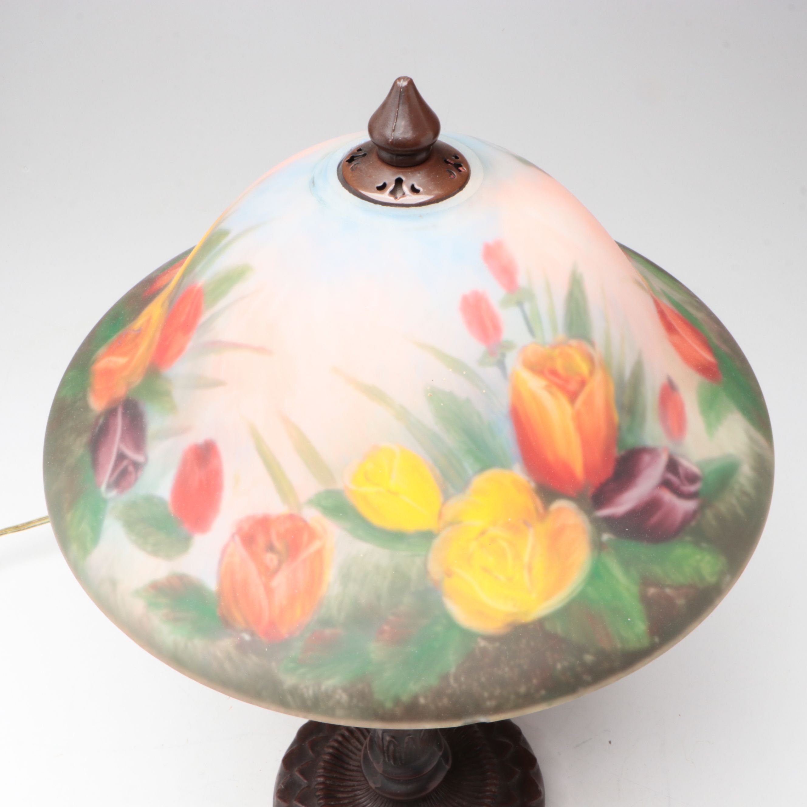Art Nouveau Style Metal Table Lamp with Reverse Painted Floral Glass Shade