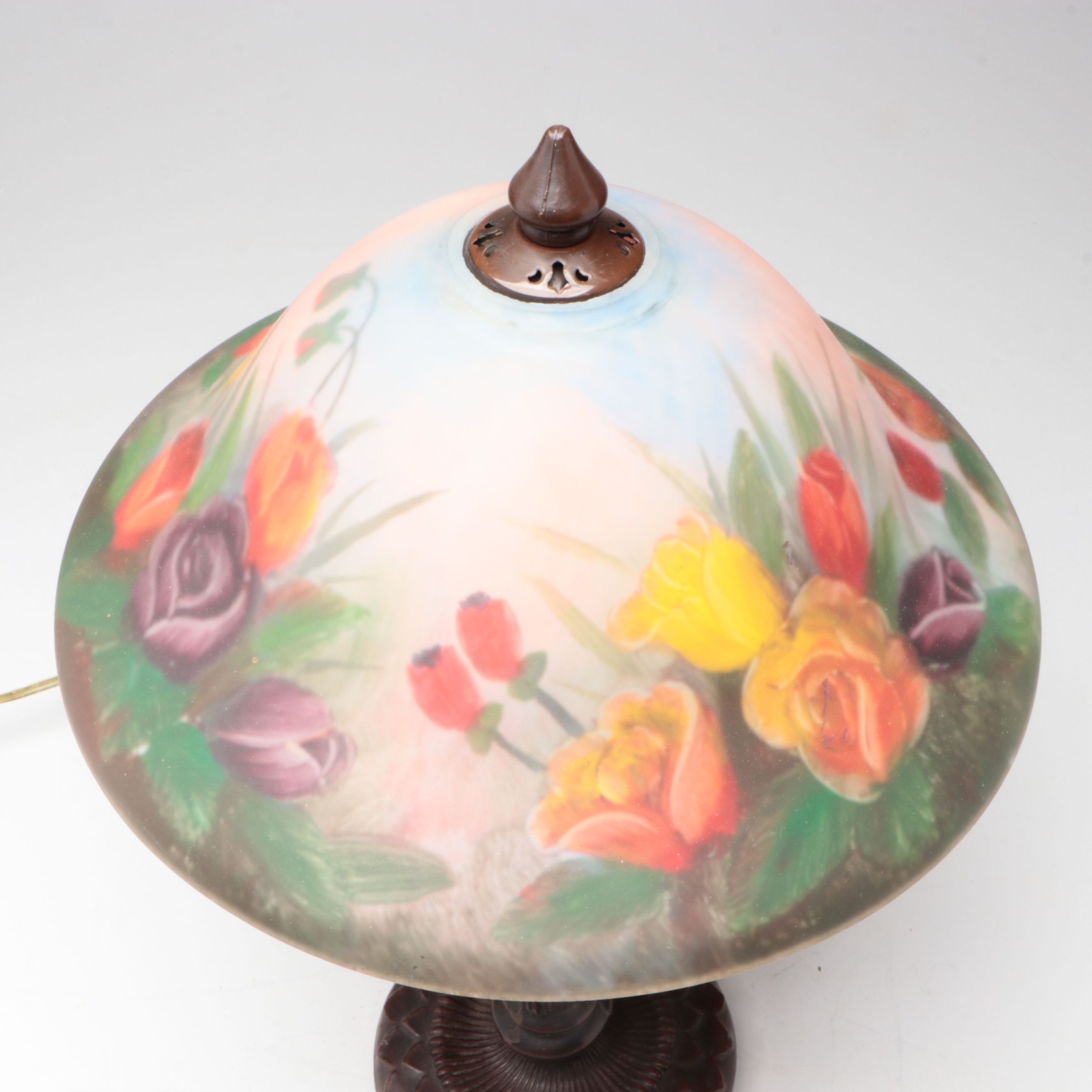 Art Nouveau Style Metal Table Lamp with Reverse Painted Floral Glass Shade