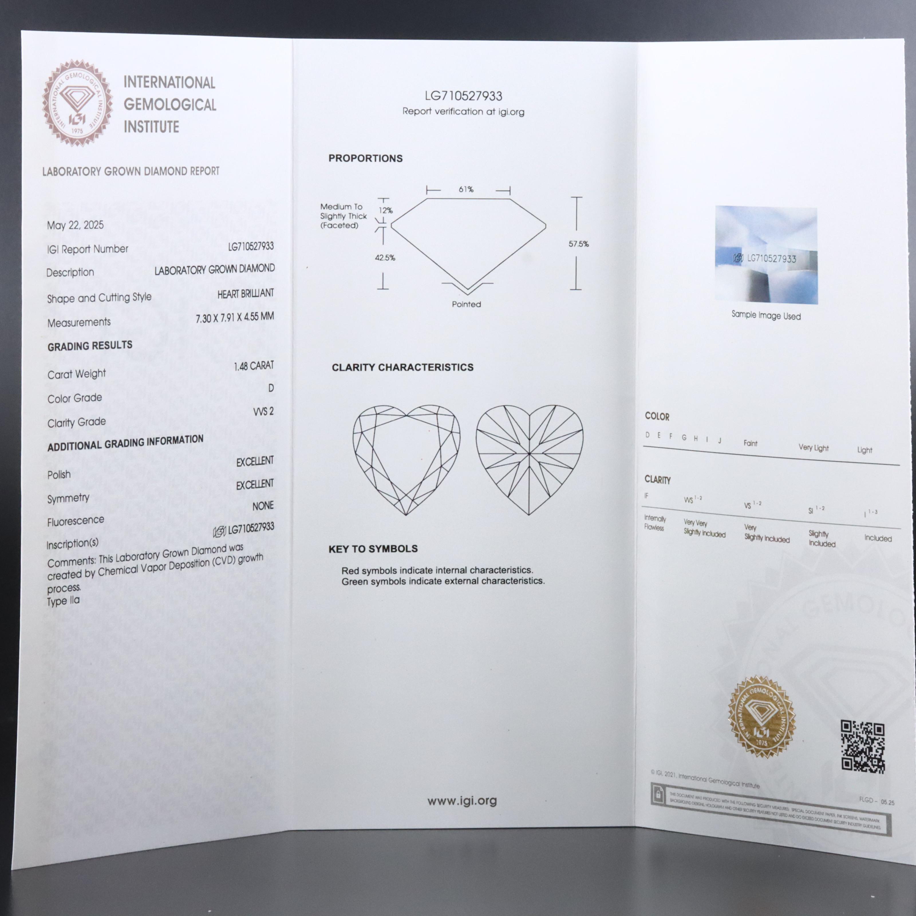 Loose 1.48 CT Lab Grown Diamond with IGI Report