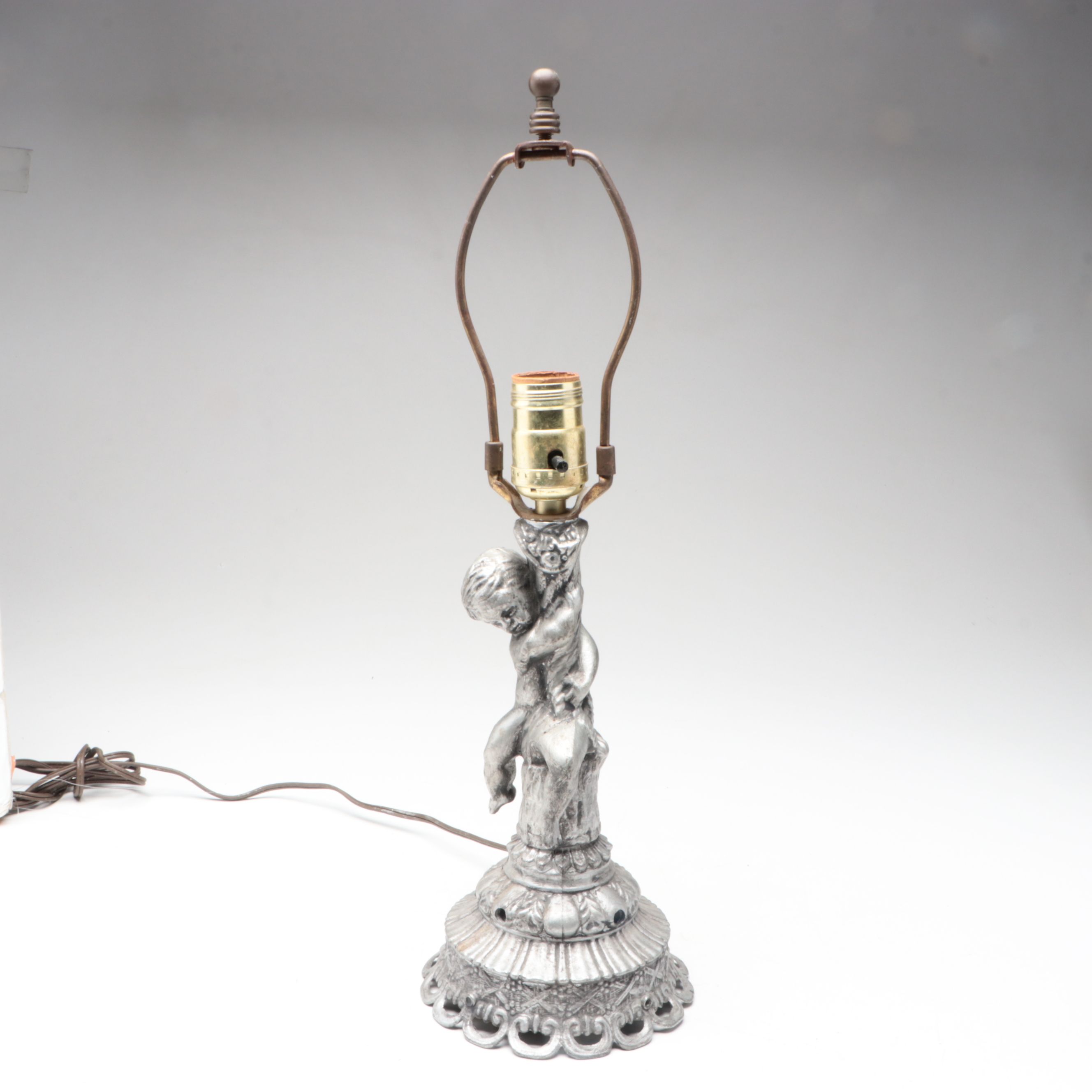 Art Nouveau Style Metal Table Lamp with Blue Slag Glass Shade