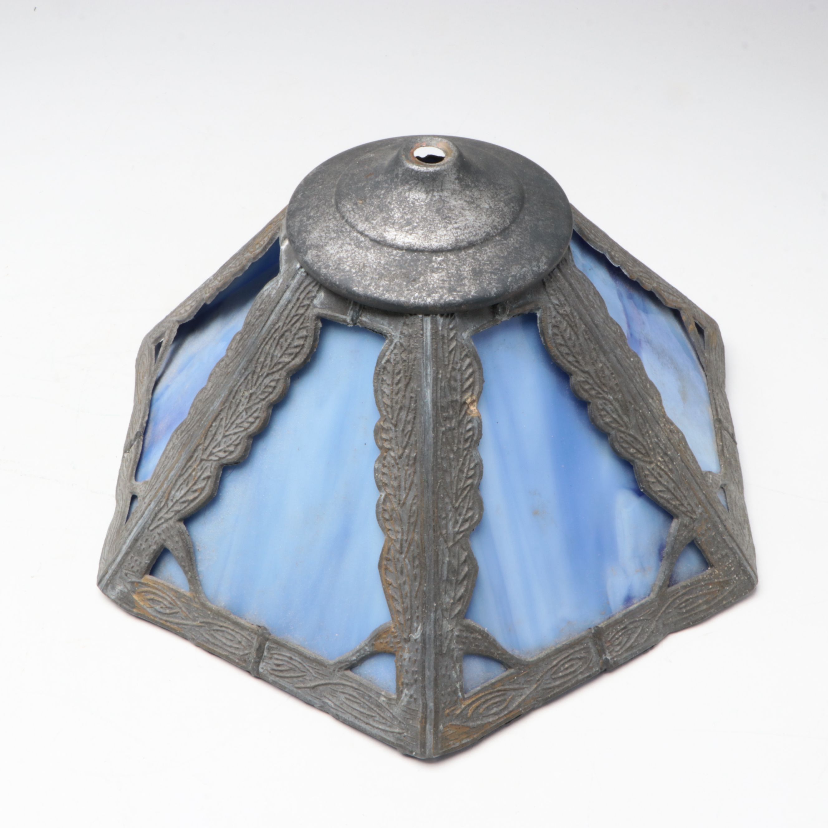 Art Nouveau Style Metal Table Lamp with Blue Slag Glass Shade