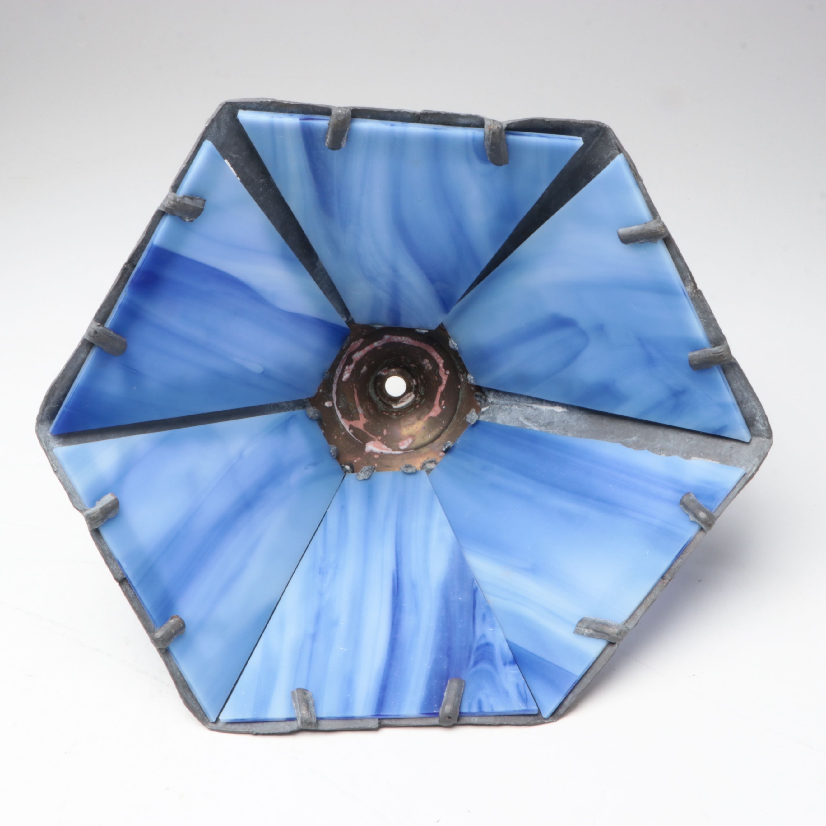 Art Nouveau Style Metal Table Lamp with Blue Slag Glass Shade