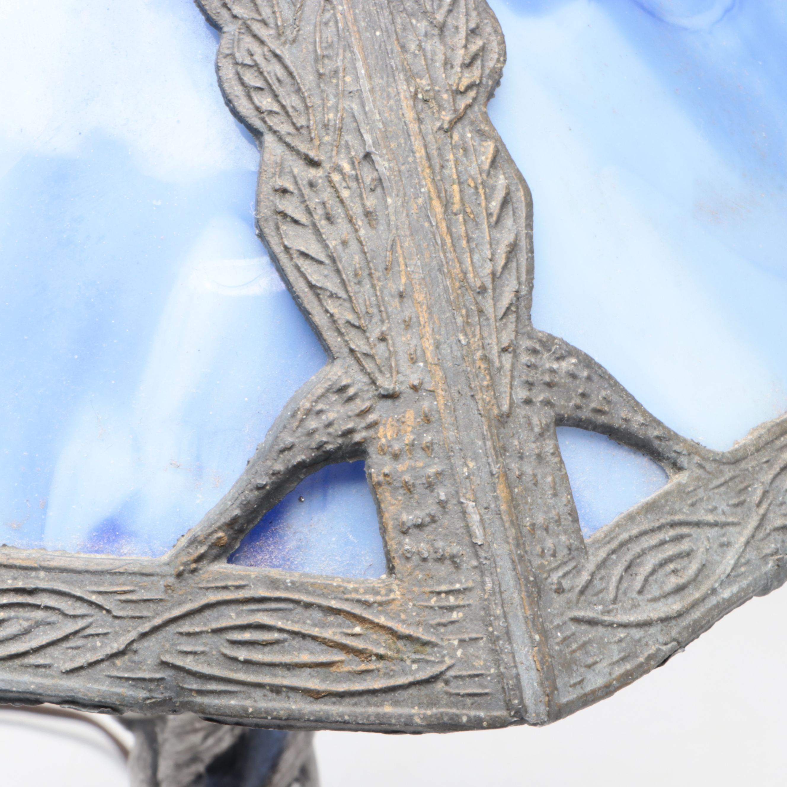 Art Nouveau Style Metal Table Lamp with Blue Slag Glass Shade