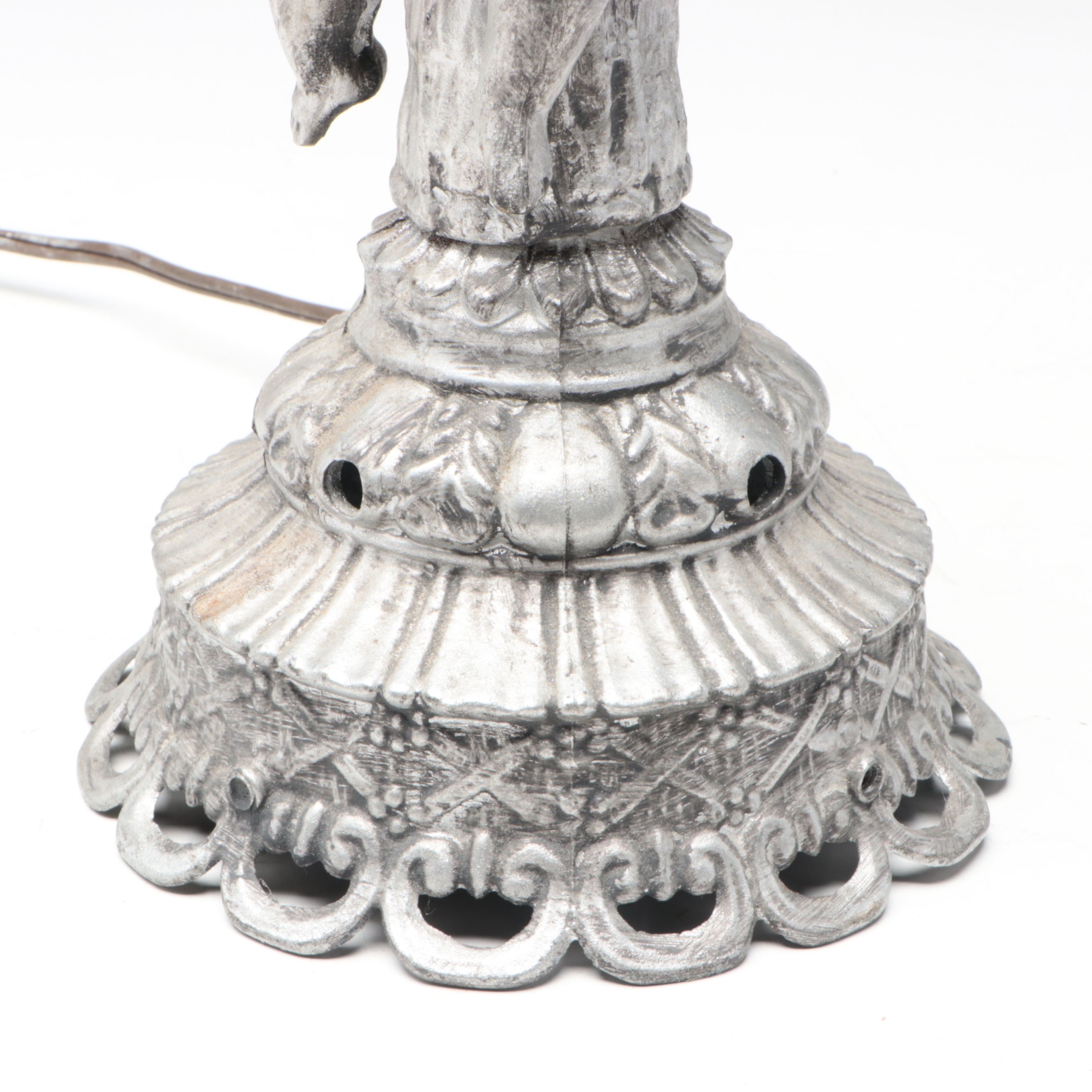 Art Nouveau Style Metal Table Lamp with Blue Slag Glass Shade