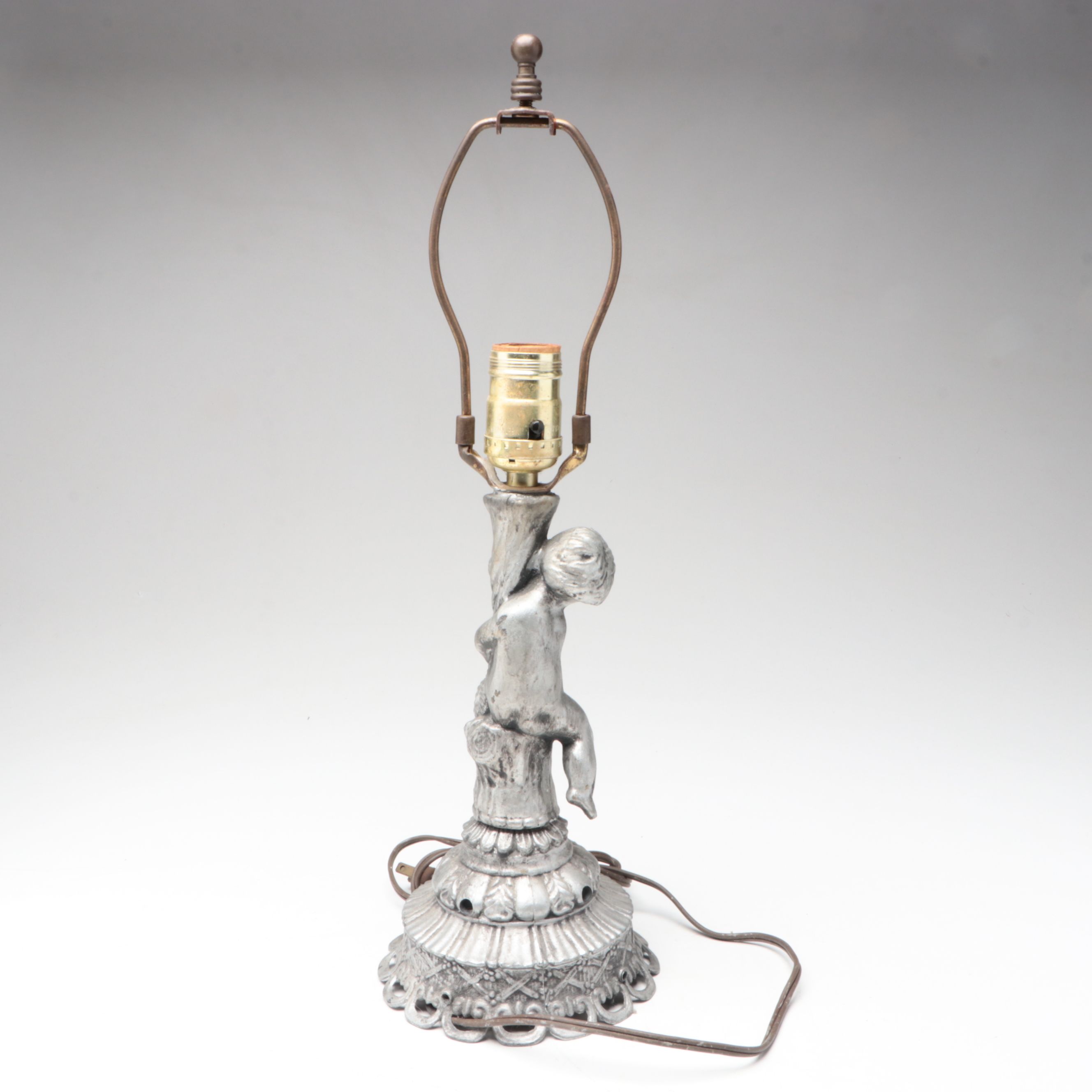 Art Nouveau Style Metal Table Lamp with Blue Slag Glass Shade