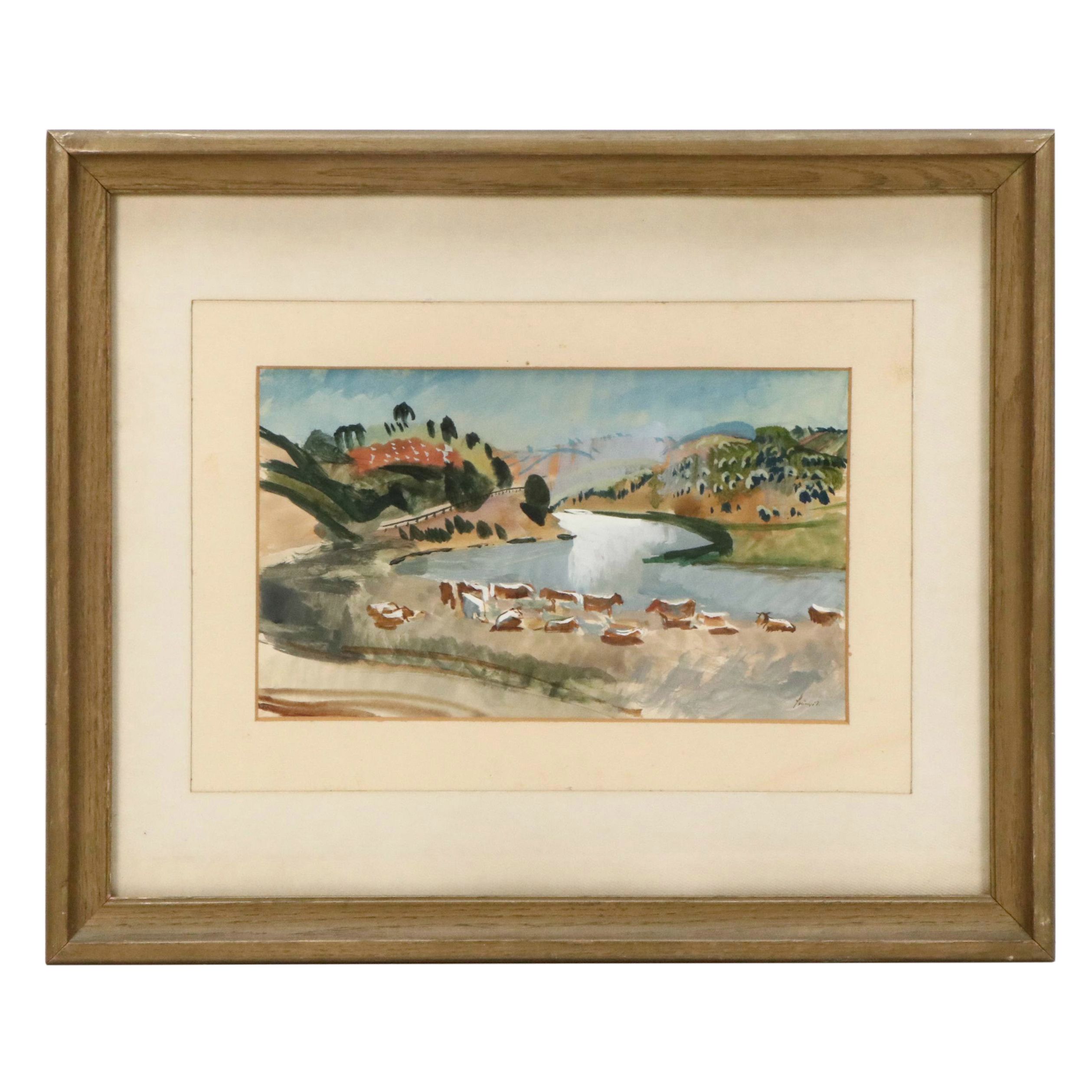 Gouache Painting of Pastoral Landscape, Circa 1940