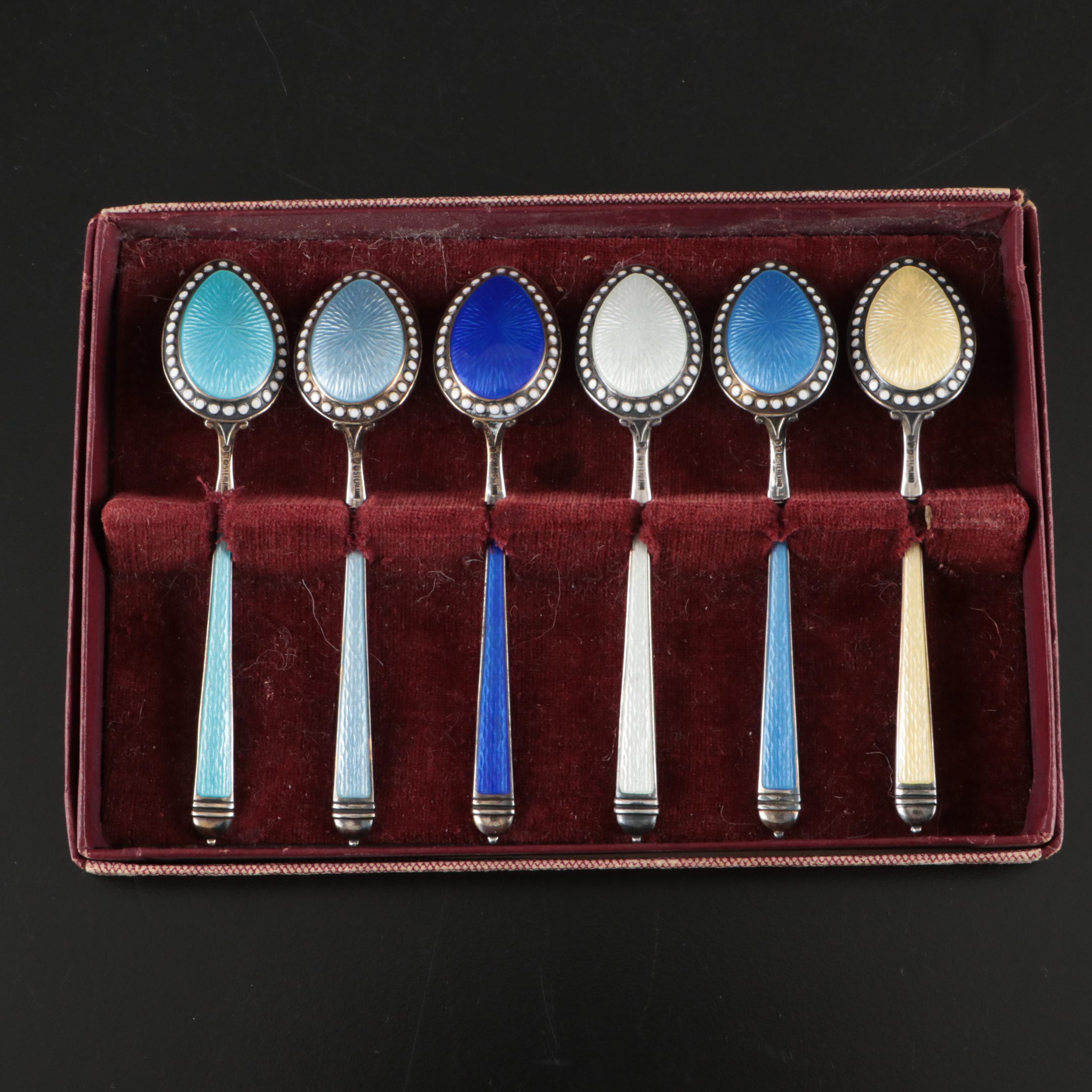 Sterling Silver and Guilloché Enamel Demitasse Spoon Set