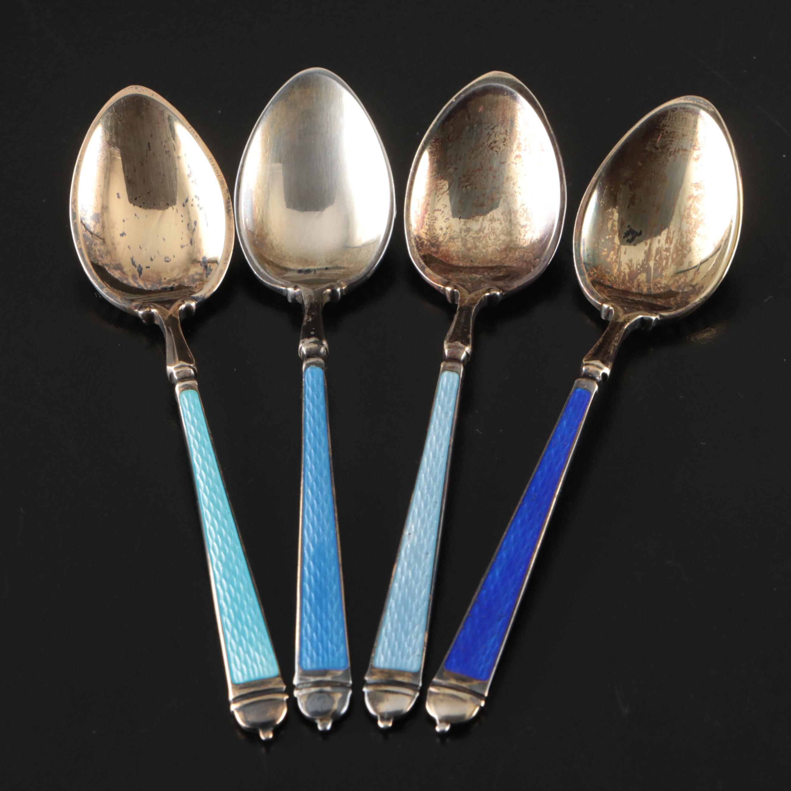 Sterling Silver and Guilloché Enamel Demitasse Spoon Set