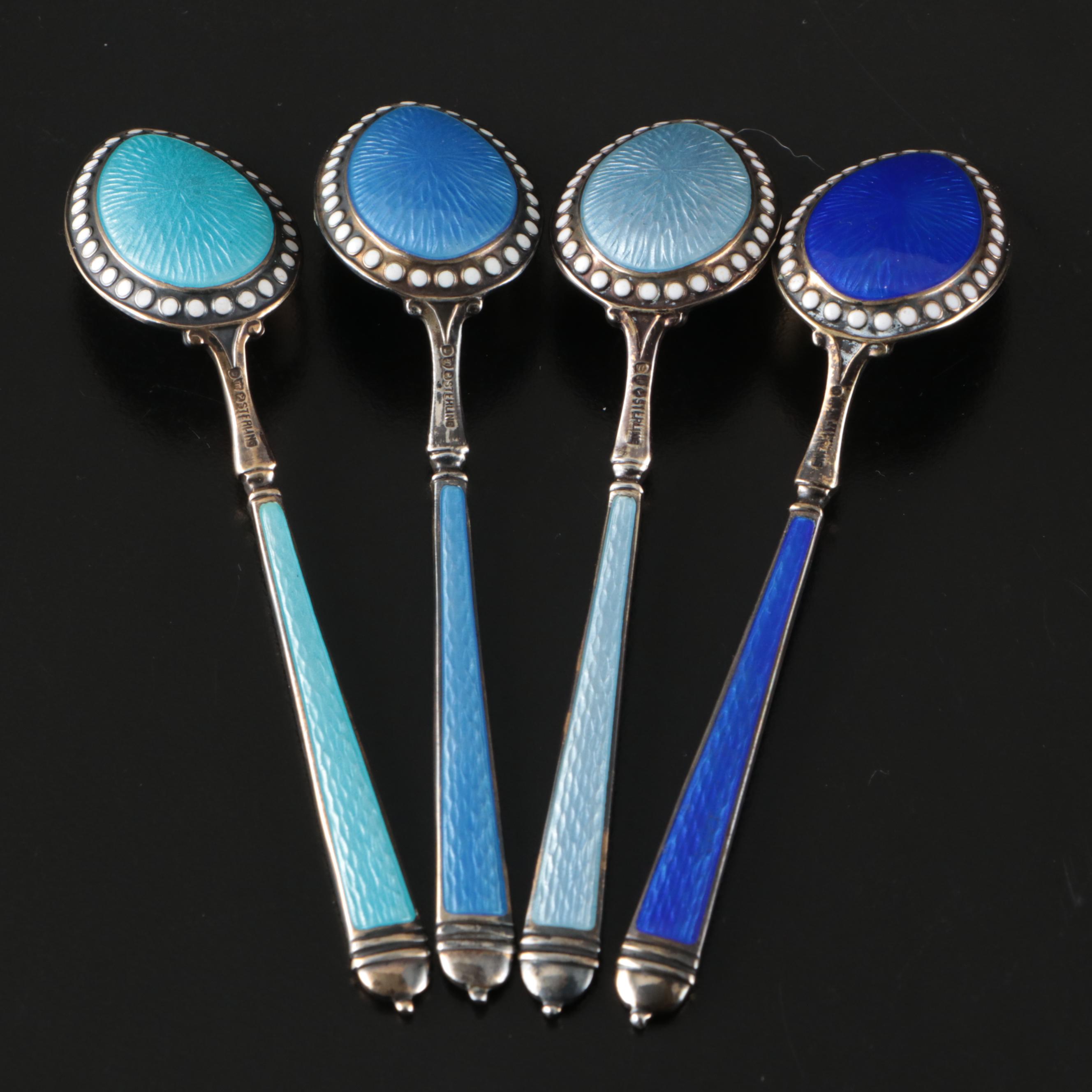 Sterling Silver and Guilloché Enamel Demitasse Spoon Set