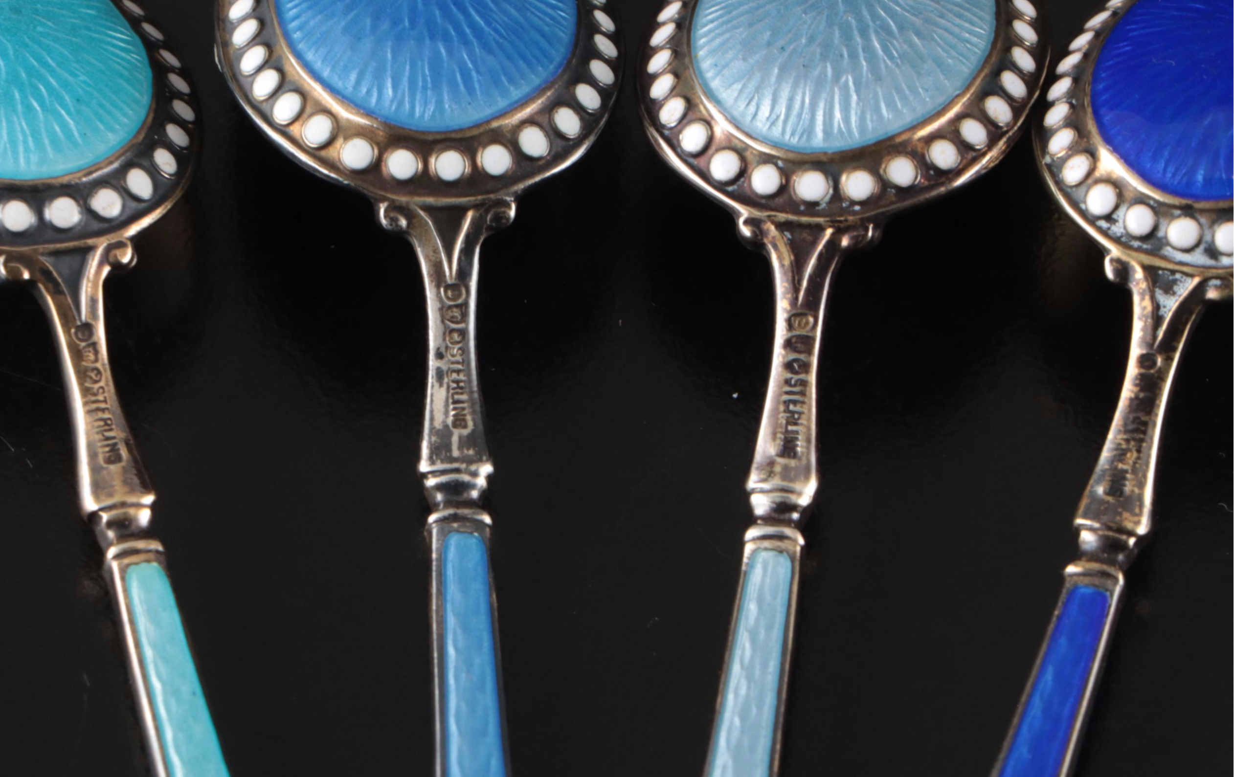 Sterling Silver and Guilloché Enamel Demitasse Spoon Set
