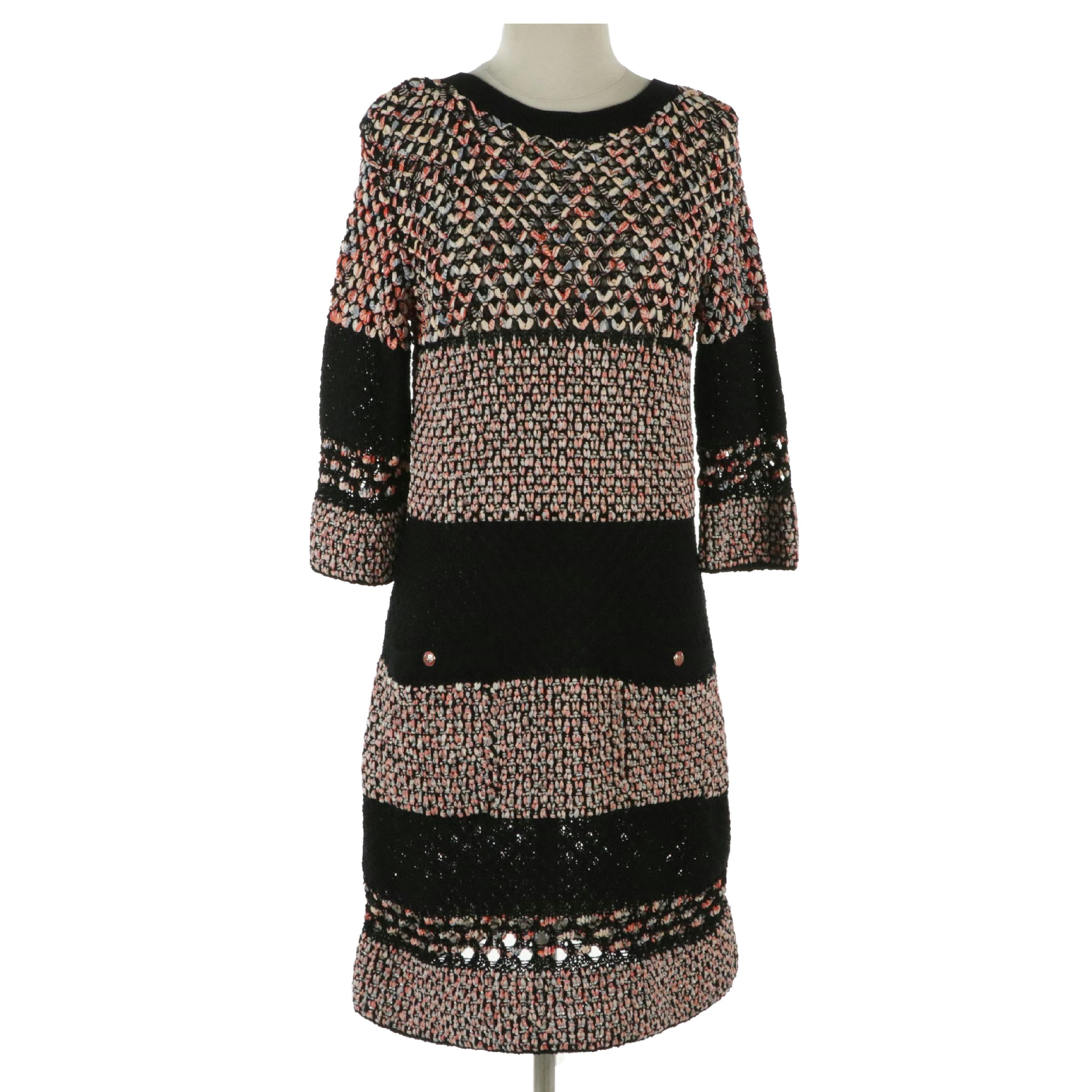 Chanel Multicolored Cotton & Silk Open Knit Knee-Length Dress with CC Buttons