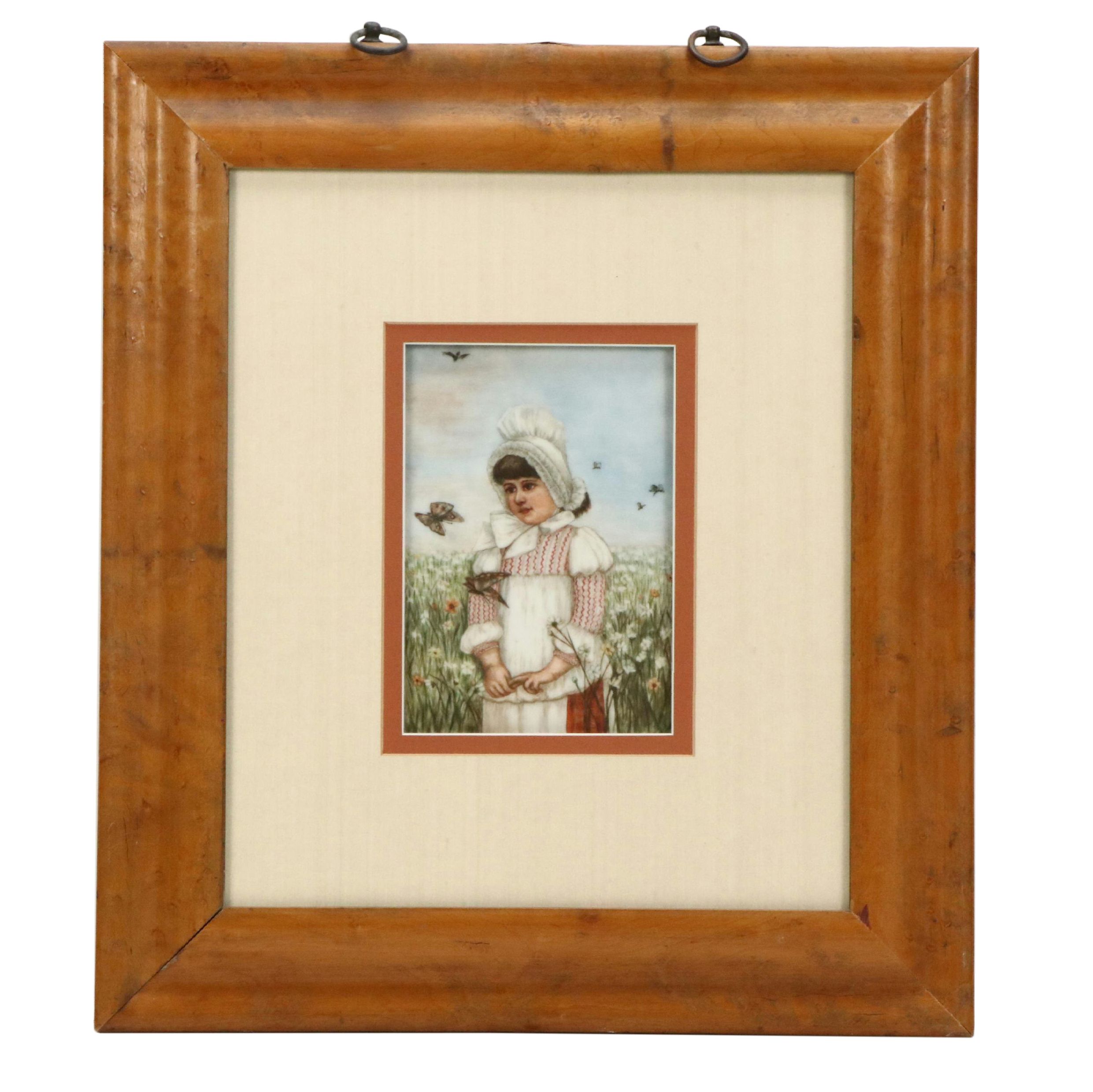 Hand-Painted Porcelain Plaque Depicting Girl in Field of Wildflowers